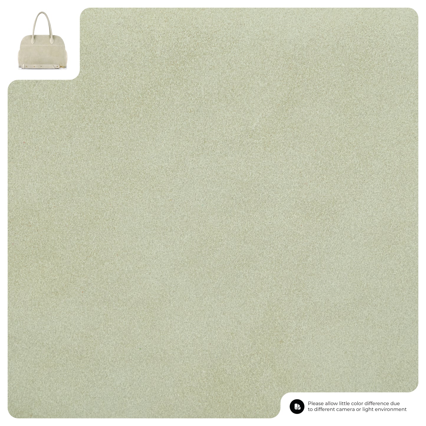 A large swatch of light beige textured material, possibly fabric, with a small image of an Italian suede handbag in the top left corner. A note at the bottom right advises that color may vary due to camera or lighting.