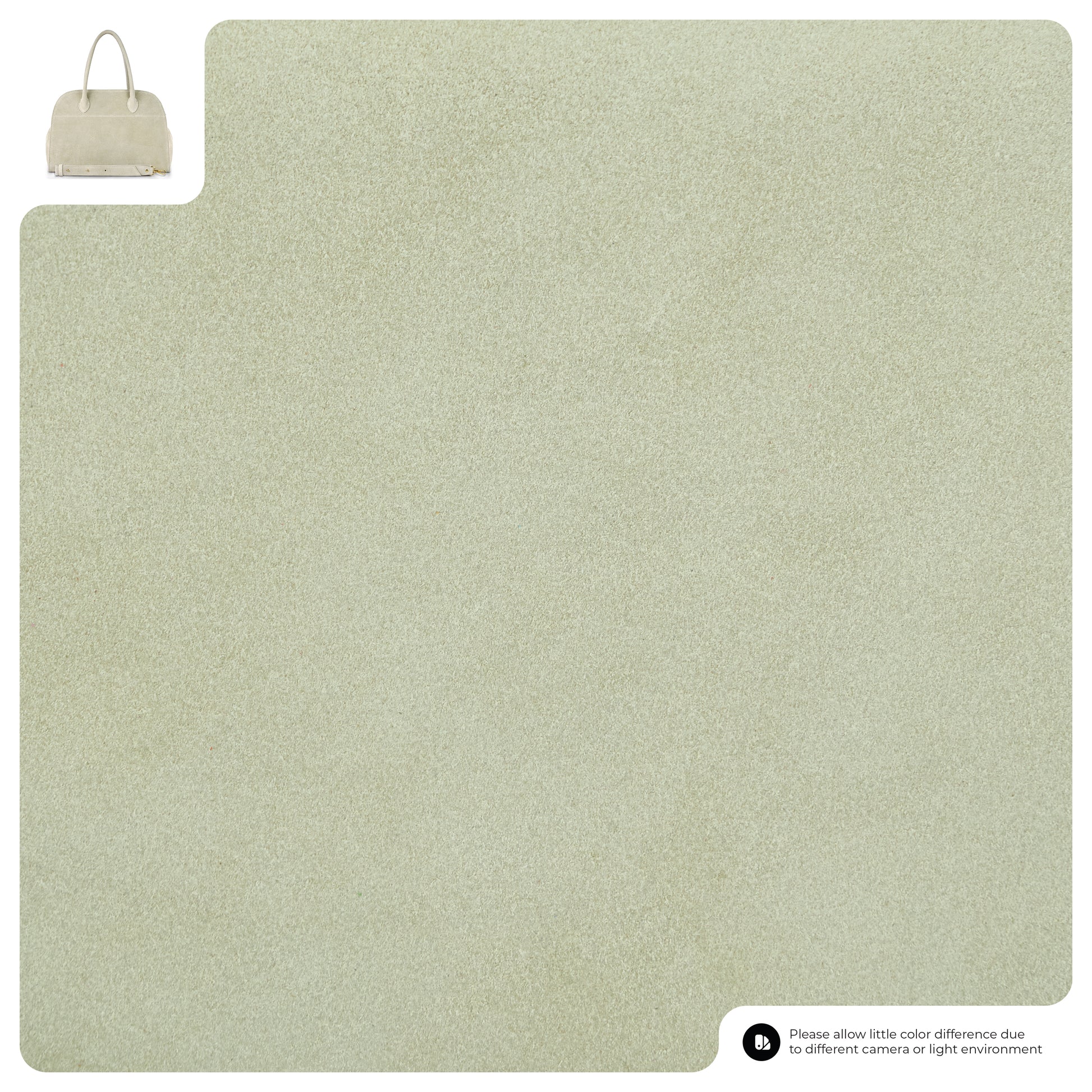 A large swatch of light beige textured material, possibly fabric, with a small image of an Italian suede handbag in the top left corner. A note at the bottom right advises that color may vary due to camera or lighting.