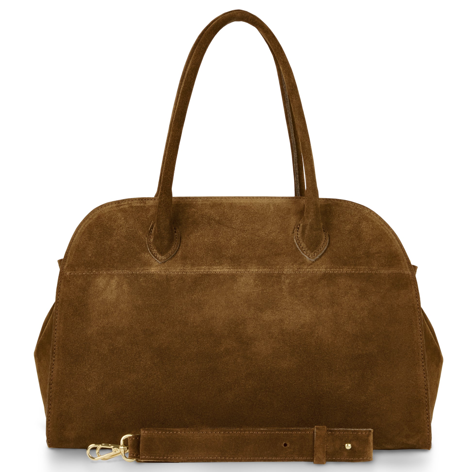 A handcrafted doctor's bag in cocoa suede with two handles, a detachable shoulder strap, and a simple, elegant design.
