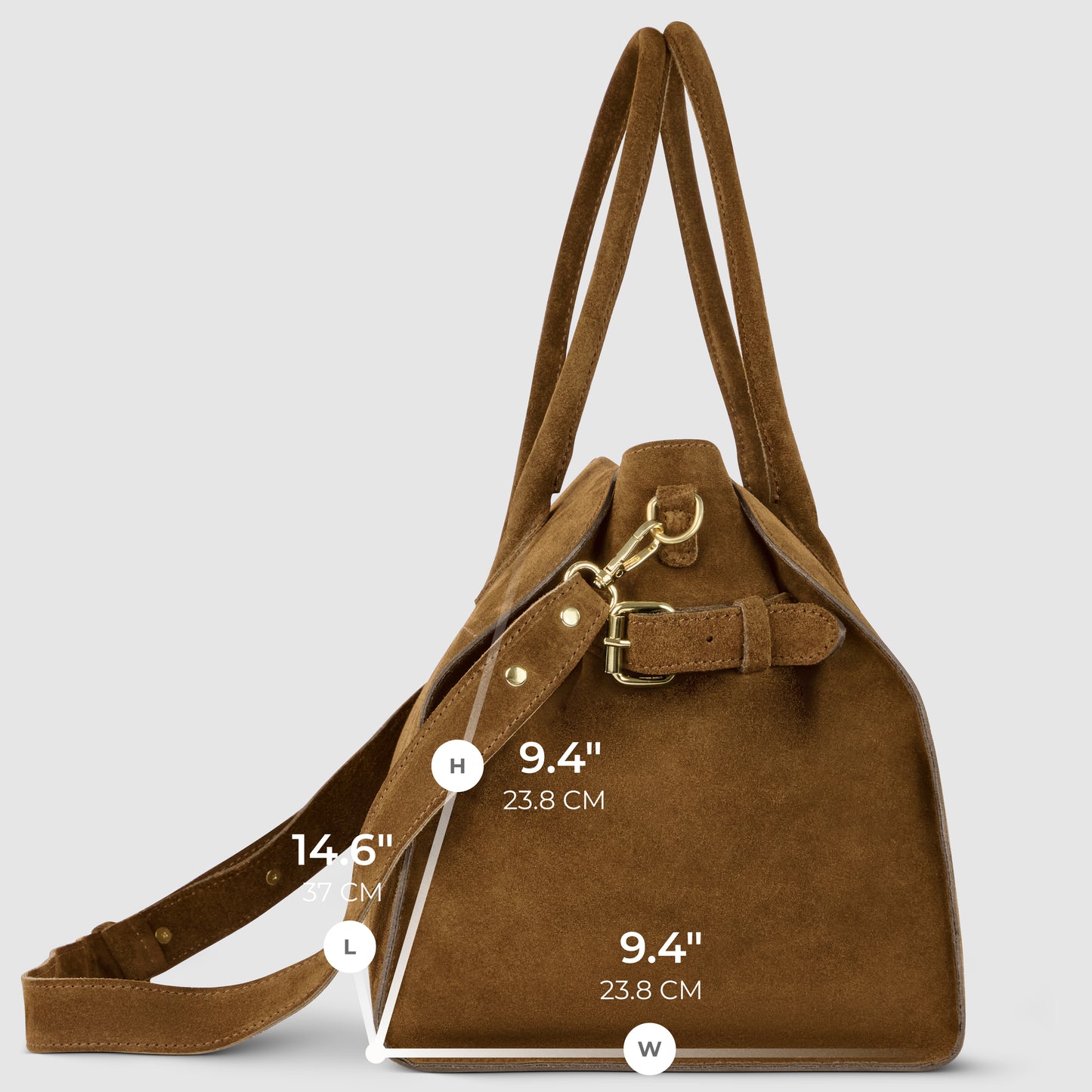 Brown Italian suede handbag with gold hardware, shown in profile against a light background. This structured medium handbag measures 14.6" (37 cm) long, 9.4" (23.8 cm) high, and 9.4" (23.8 cm) wide.