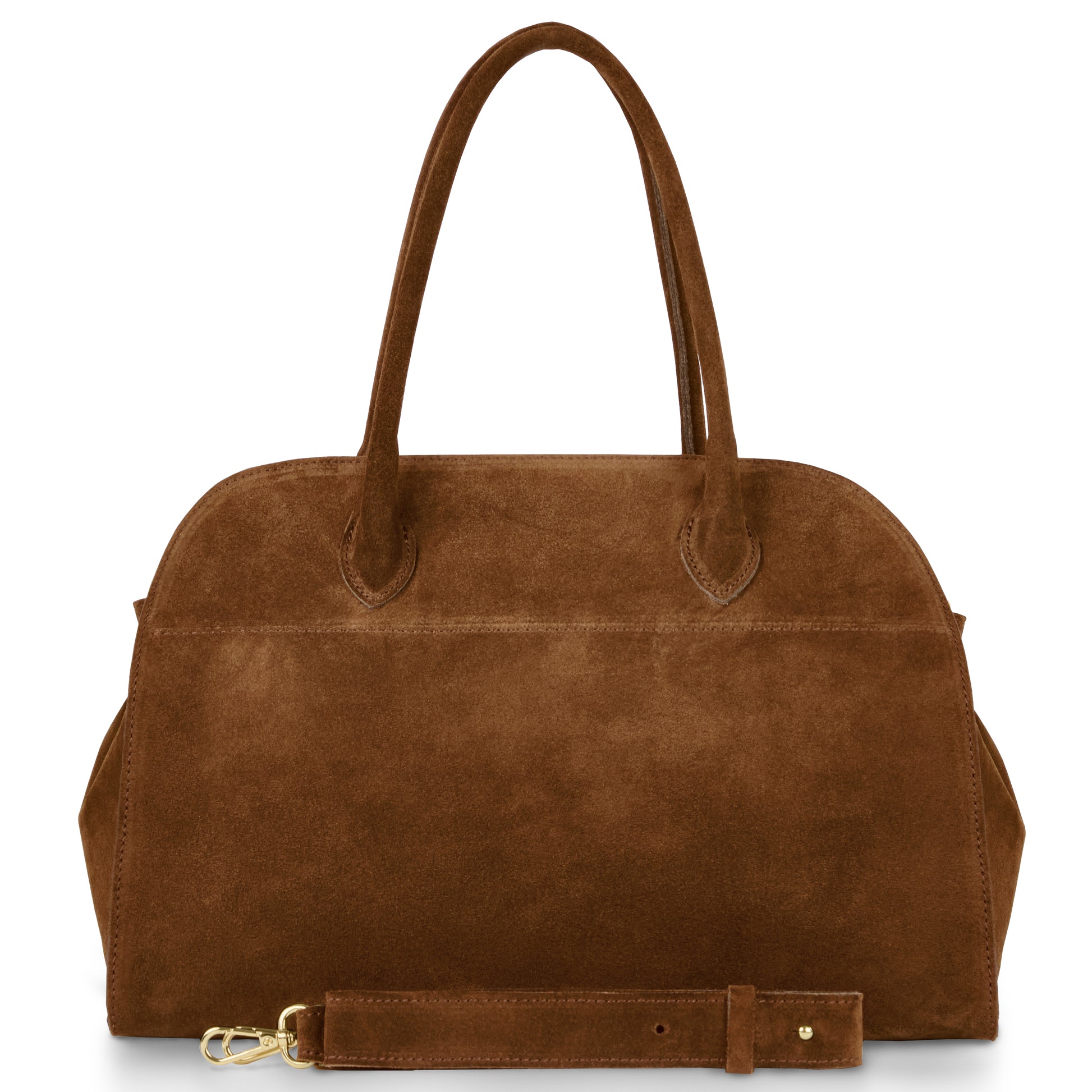 A mocha suede Italian handbag with two handles, a detachable shoulder strap, and a structured, rounded rectangular shape. This doctor's bag purse is plain with no visible logos or embellishments.