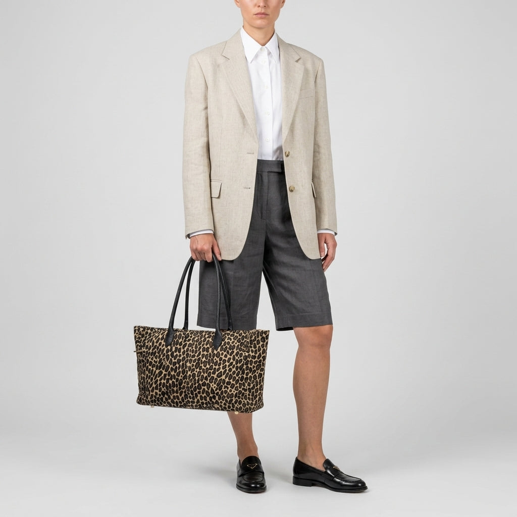 A person wearing a light beige blazer, white shirt, and dark gray knee-length shorts holds a genuine suede leather leopard print tote bag. They are also wearing black loafers. The background is plain and light gray.