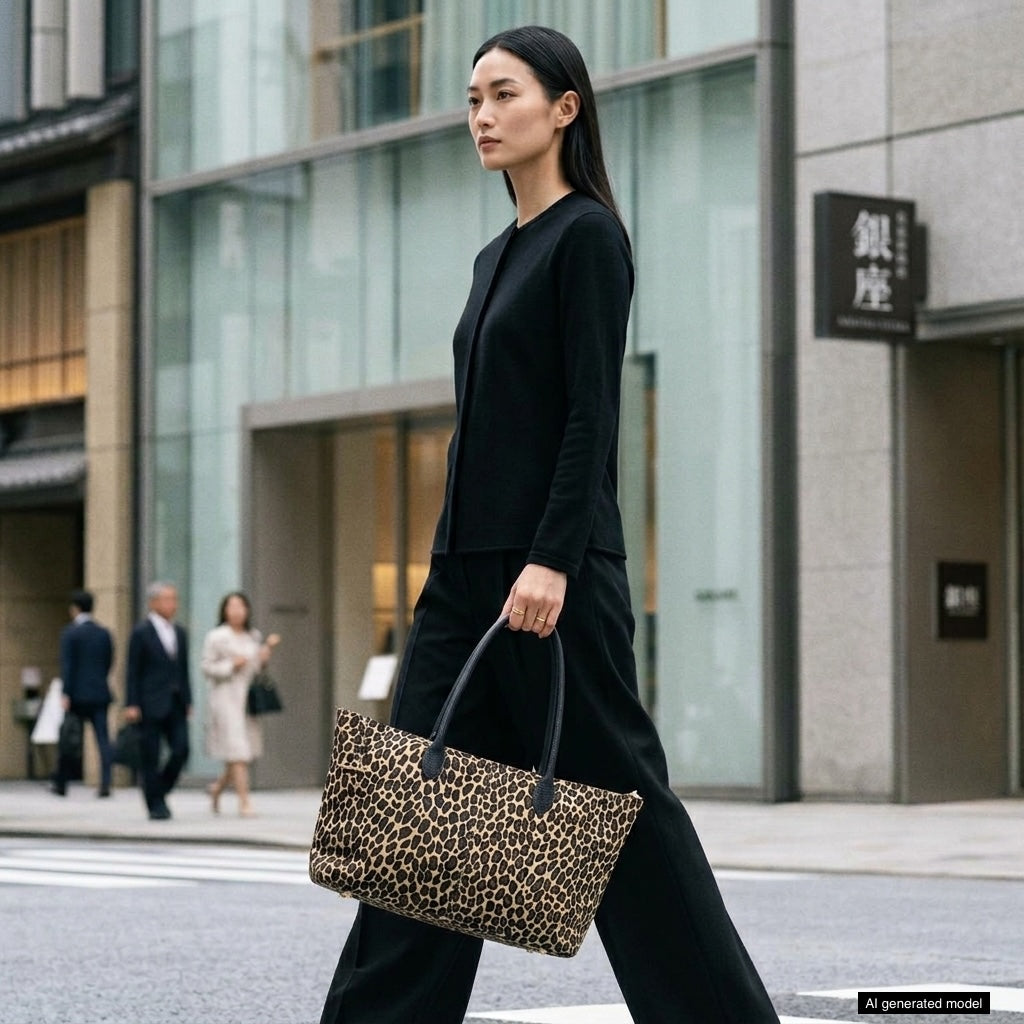 A woman in an all-black outfit walks confidently across a city street, carrying a genuine leather leopard-print handbag. Modern glass buildings and a few pedestrians are visible in the background.