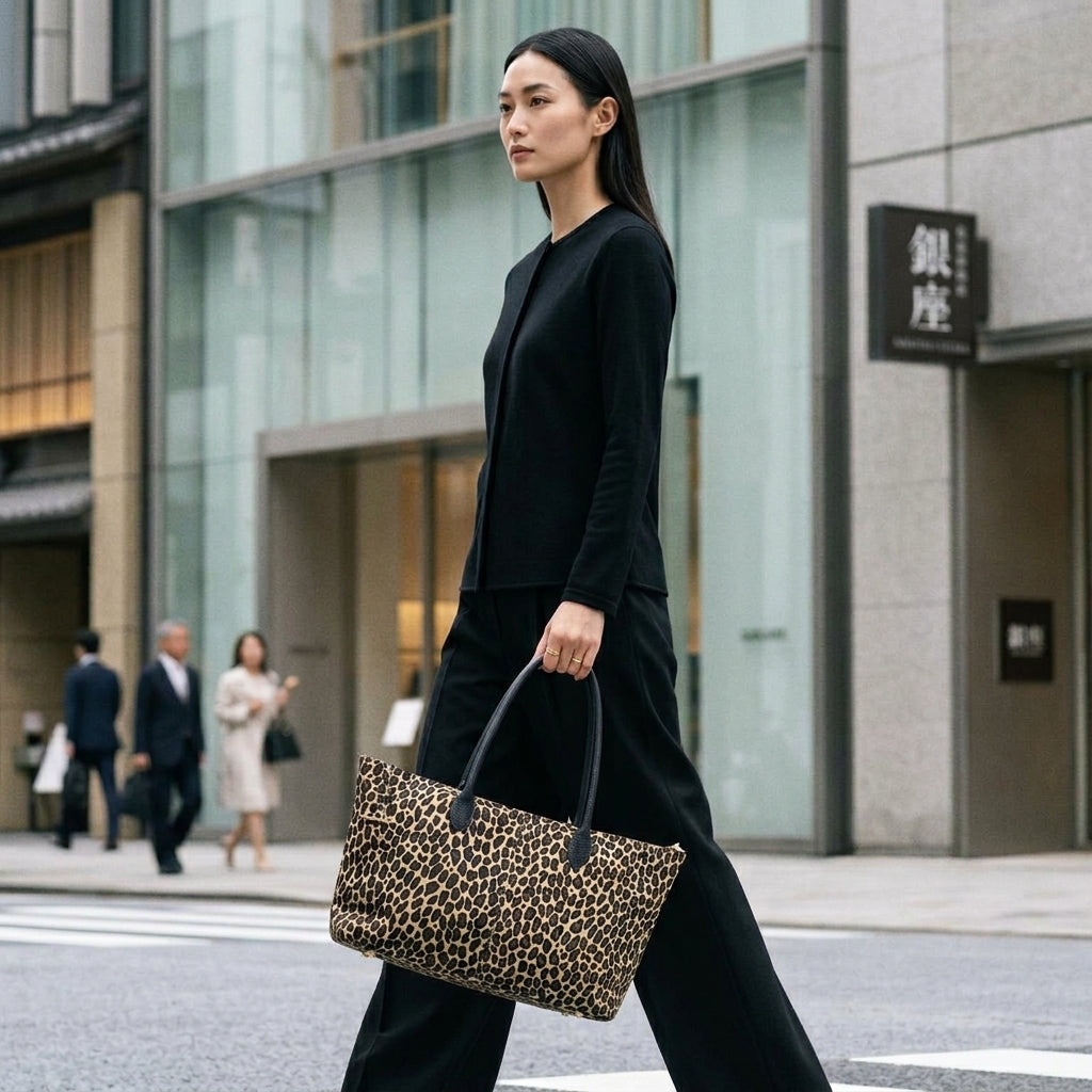 A woman dressed in black walks across a city street, carrying an elegant Italian suede tote bag. Modern office buildings and several pedestrians are visible in the background.