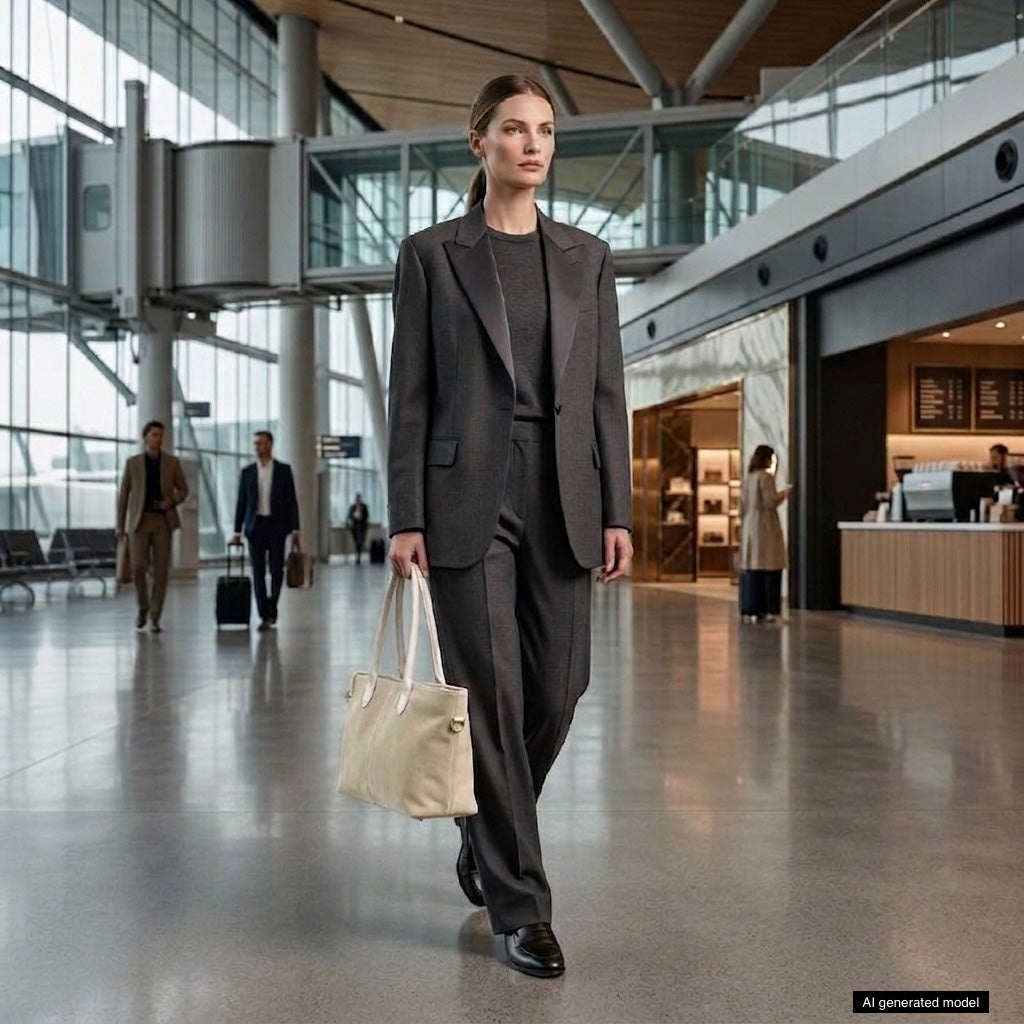 A woman in a dark business suit walks through a modern airport terminal, carrying a beige suede tote bag crafted with genuine leather. Other travelers and large windows are visible in the background.