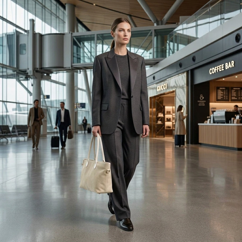 A woman in a gray suit walks through a modern airport terminal, carrying an elegant Italian suede tote bag. Behind her are shops including a coffee bar, while other travelers move through the background.