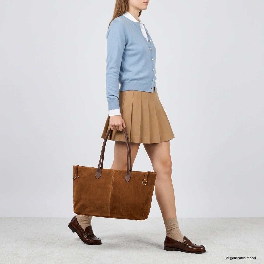 A woman in a light blue cardigan, beige pleated skirt, and brown loafers walks while carrying a large genuine leather suede tote bag. The background is plain and light-colored.