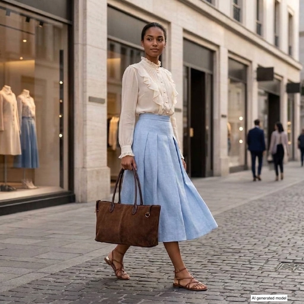 A woman in a cream blouse and blue midi skirt walks on a city street, carrying a genuine leather tote bag. She wears sandals and looks ahead. Shop windows with mannequins and a few people are seen in the background.