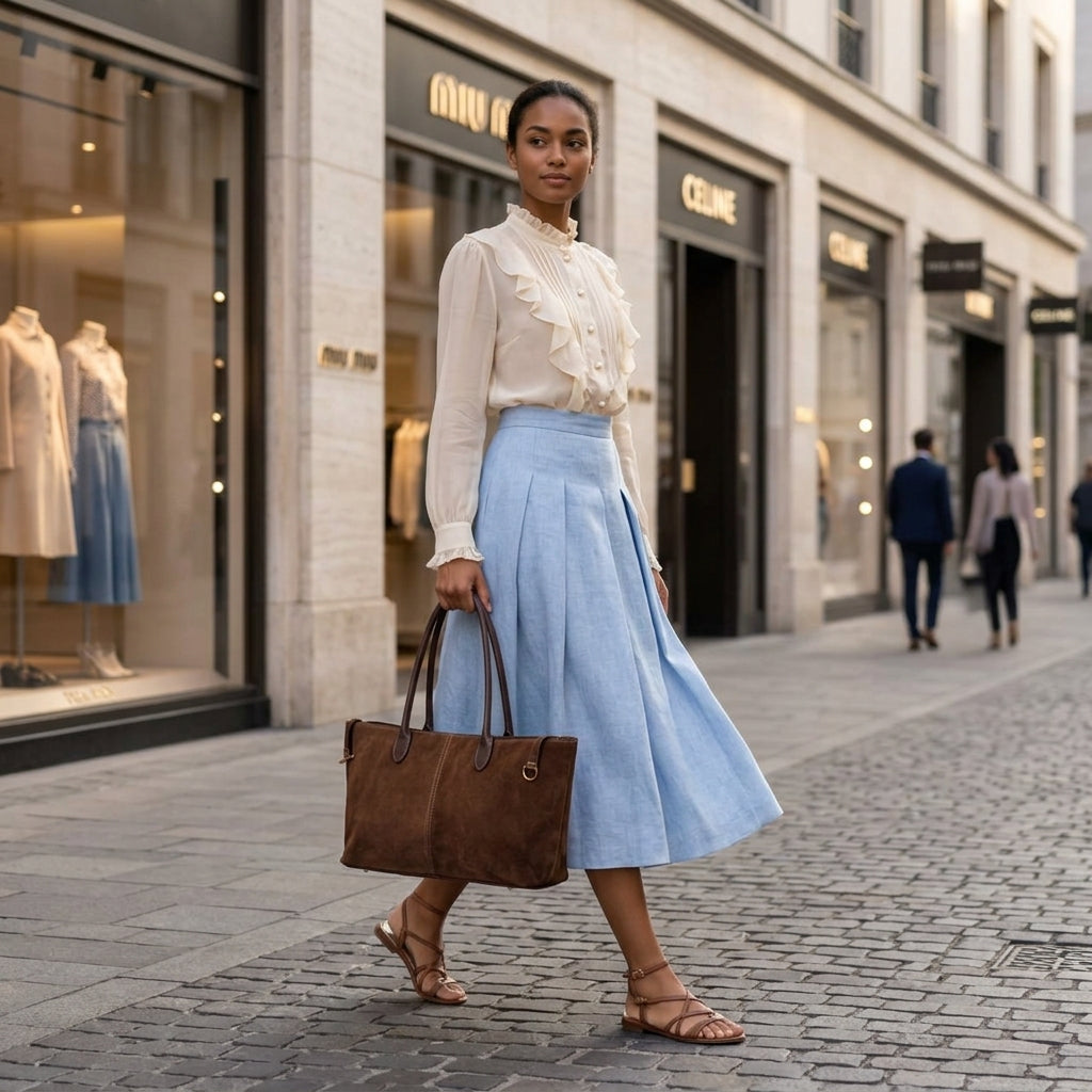 A woman wearing a cream ruffled blouse and light blue midi skirt walks on a cobblestone street, holding an Italian suede tote bag. She is near high-end clothing shops, with mannequins in store windows behind her.