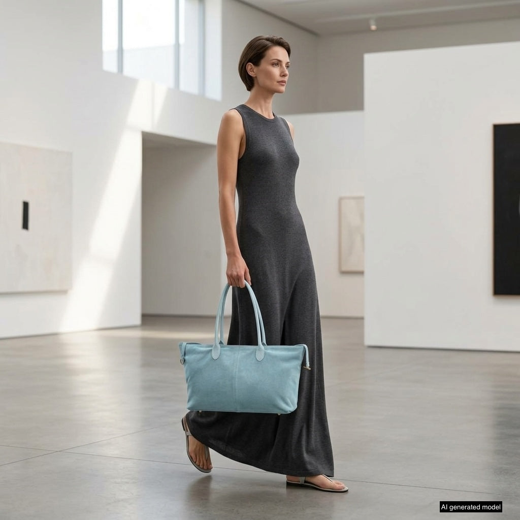 A woman in a sleeveless, long gray dress walks through a modern art gallery, carrying a large light blue suede tote bag. The gallery features minimalist art and has bright, natural lighting.