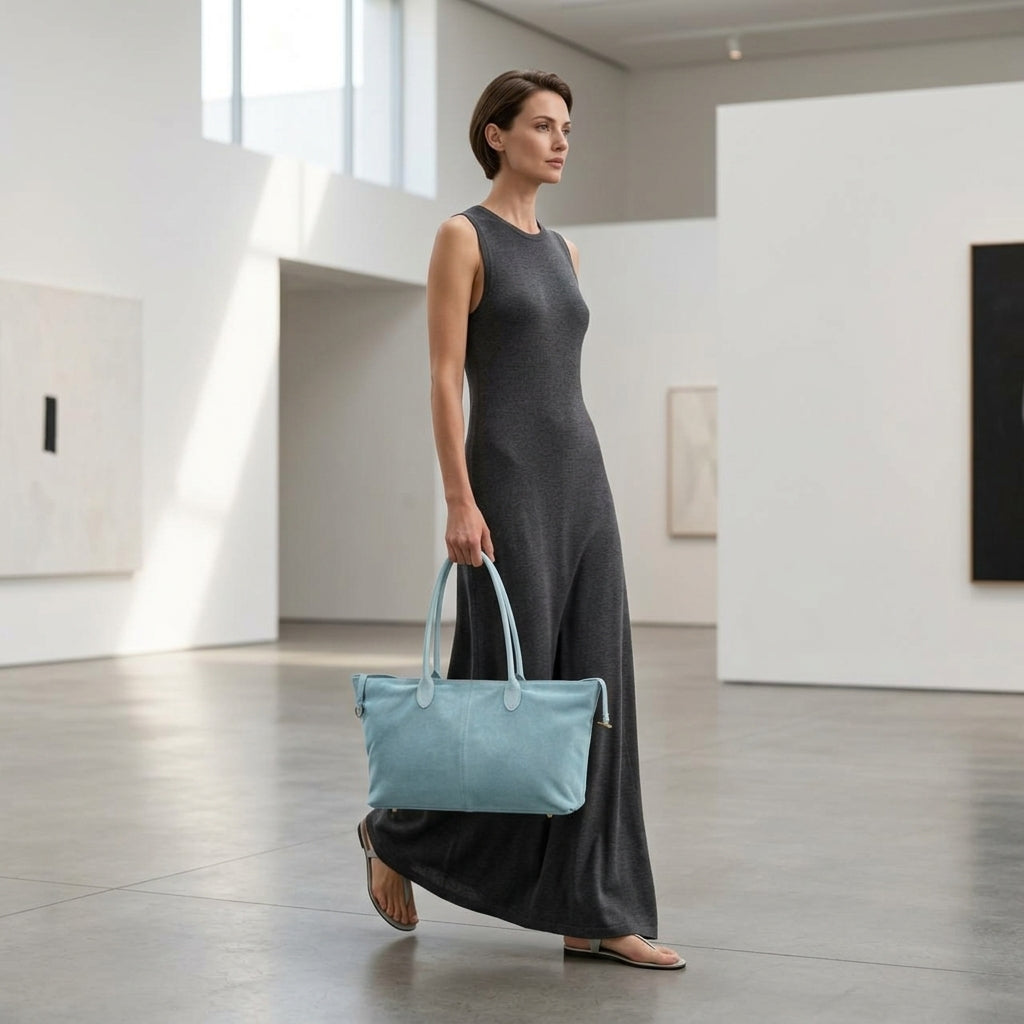 A woman in a sleeveless gray maxi dress walks through a modern art gallery, carrying an Italian suede tote bag. Minimalist artwork is displayed on white walls in the bright, spacious room.