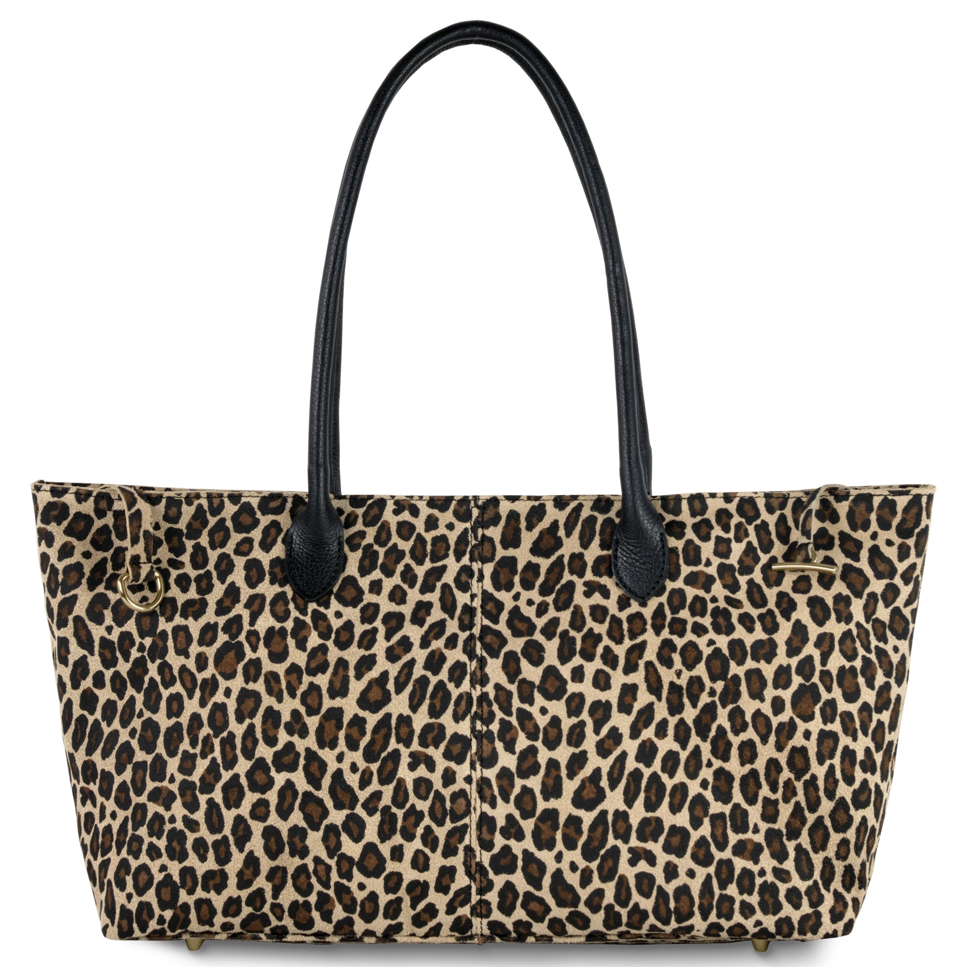 A rectangular Italian-crafted tote with a leopard print pattern and two long black handles, standing upright against a white background.