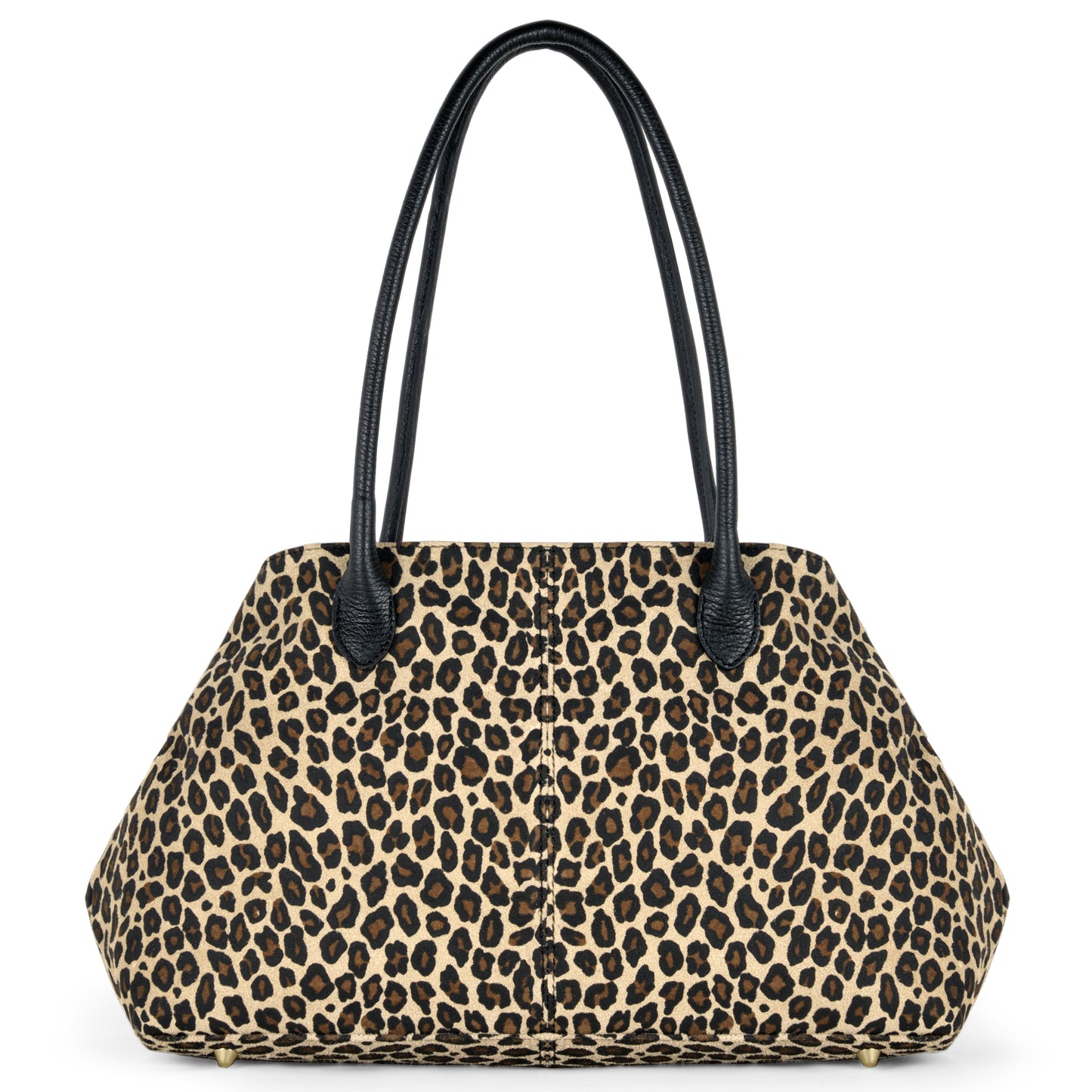 A structured genuine leather shoulder bag with black handles and a brown and black leopard print pattern, displayed against a white background.