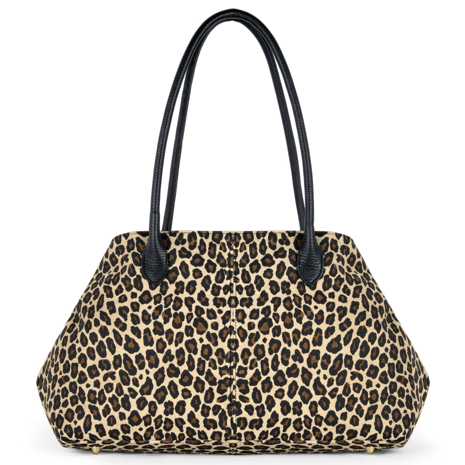 A structured genuine leather shoulder bag with black handles and a brown and black leopard print pattern, displayed against a white background.