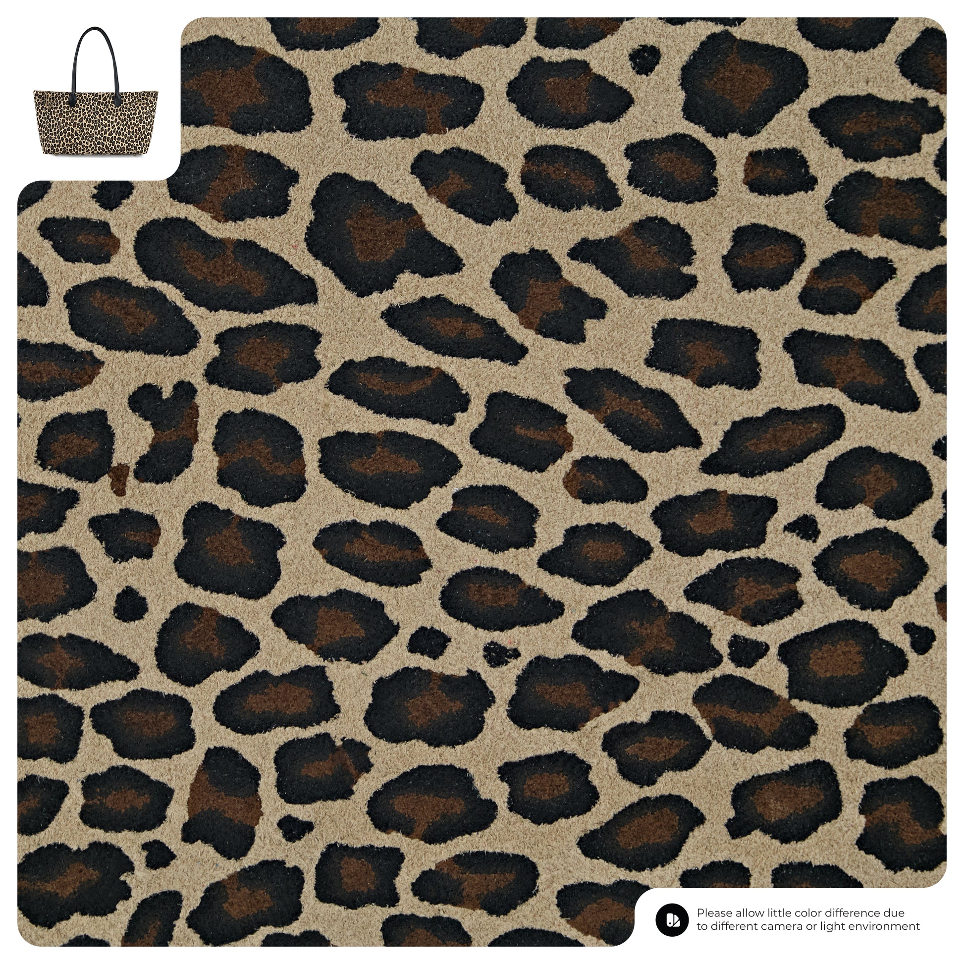 A rectangular mat featuring a leopard print pattern in brown and black on a beige background; an Italian-crafted tote is shown in the top left corner for scale.
