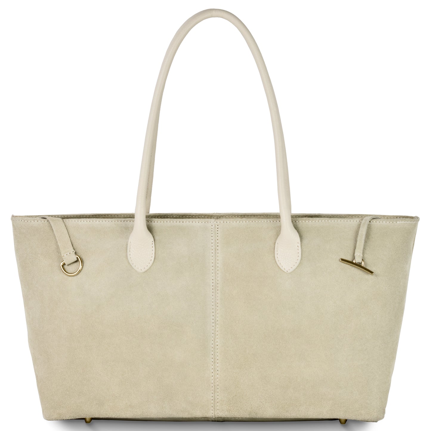 A beige suede tote bag with two long handles, gold-tone hardware, and a simple, elegant design. This Italian-crafted tote features a smooth texture and minimal stitching detail down the center.