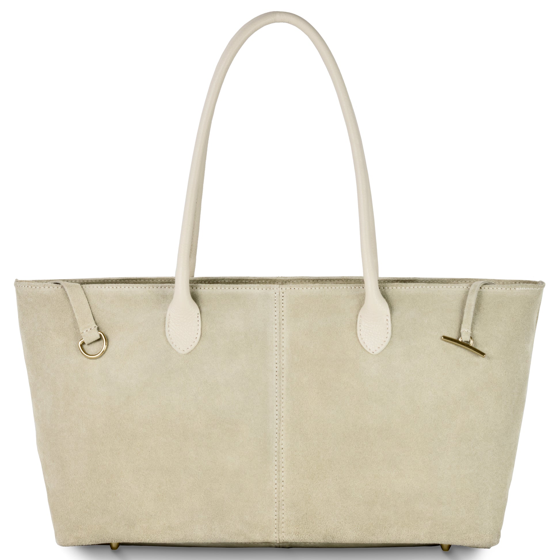 A beige suede tote bag with two long handles, gold-tone hardware, and a simple, elegant design. This Italian-crafted tote features a smooth texture and minimal stitching detail down the center.