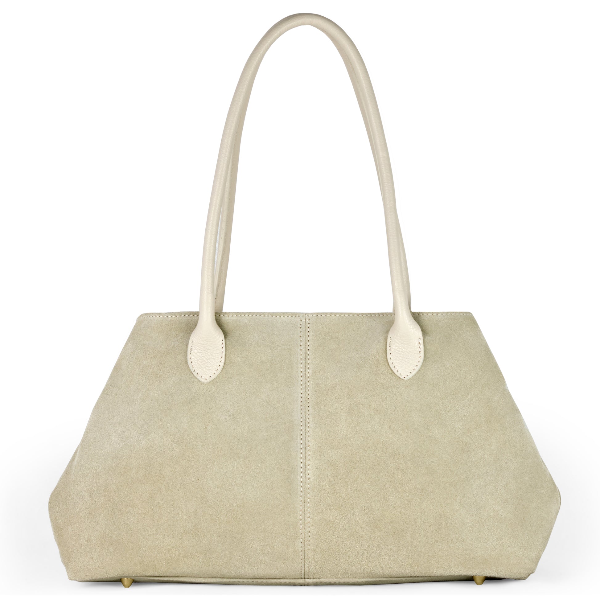 A beige suede tote bag with two long handles and a structured, trapezoidal shape, Italian-crafted and shown against a white background.