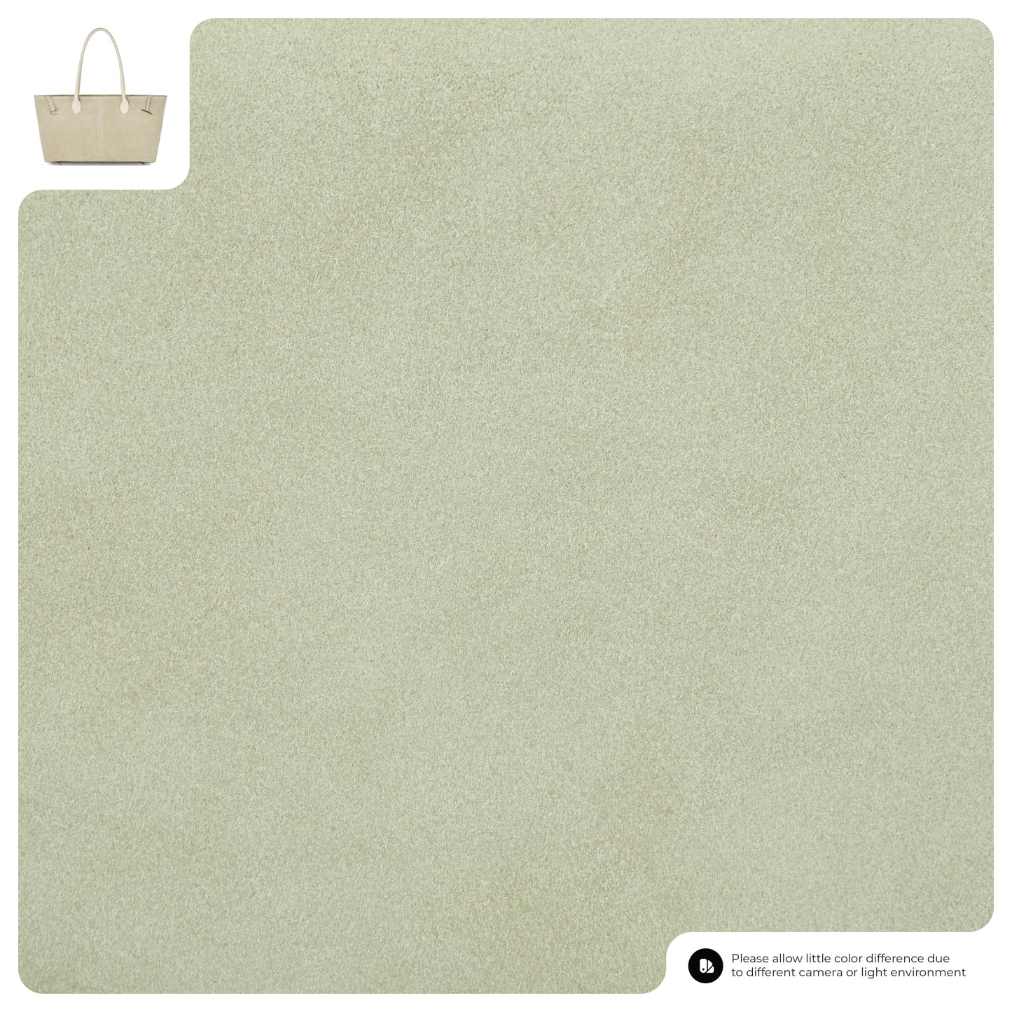 Light beige textured surface with a small inset of an Italian-crafted tote in the top left corner. A note in the bottom right mentions possible color differences due to lighting or camera.