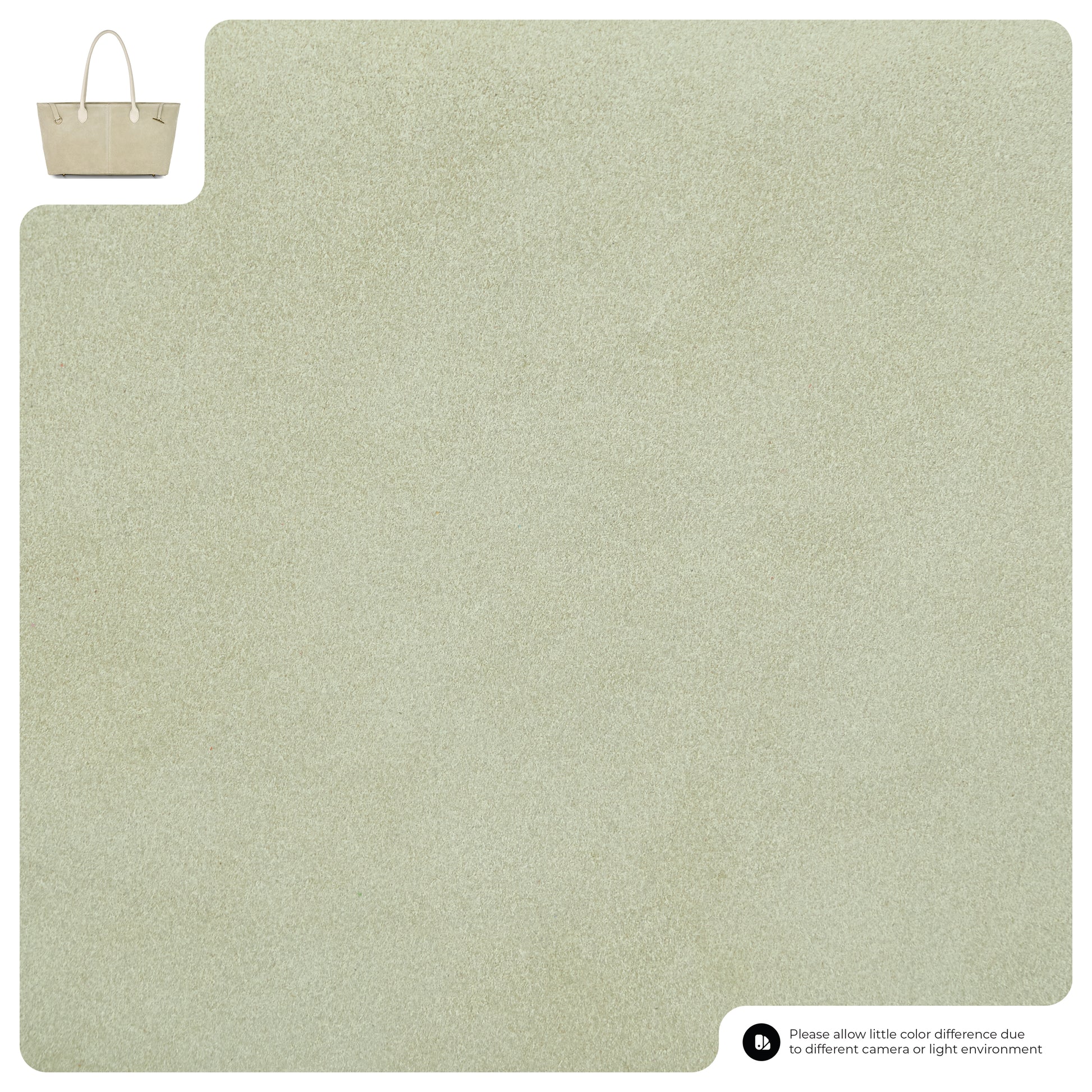 Light beige textured surface with a small inset of an Italian-crafted tote in the top left corner. A note in the bottom right mentions possible color differences due to lighting or camera.