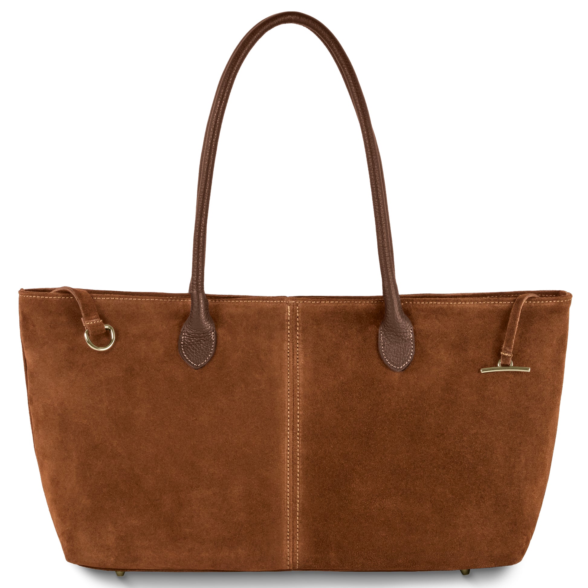 A brown suede tote bag with two long genuine leather handles, gold hardware, and a simple, unadorned design. This Italian-crafted tote is photographed on a white background.