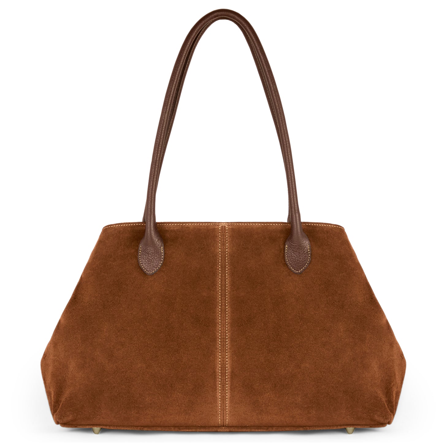 A brown suede tote bag with two long, dark brown genuine leather handles, featuring a trapezoid shape and central stitched seam, displayed against a white background.