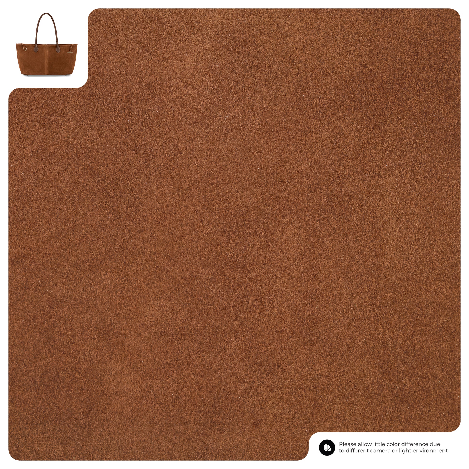 A close-up view of brown suede material, featuring an inset image of a suede tote bag in the top left corner, highlights this Italian-crafted tote. Note: Color differences may occur due to camera or lighting.