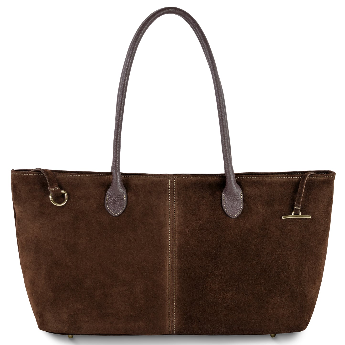 A women’s tote crafted from Italian suede, this genuine leather shoulder bag features two long dark brown handles, gold-tone hardware, and visible center stitching for a simple yet elegant design.