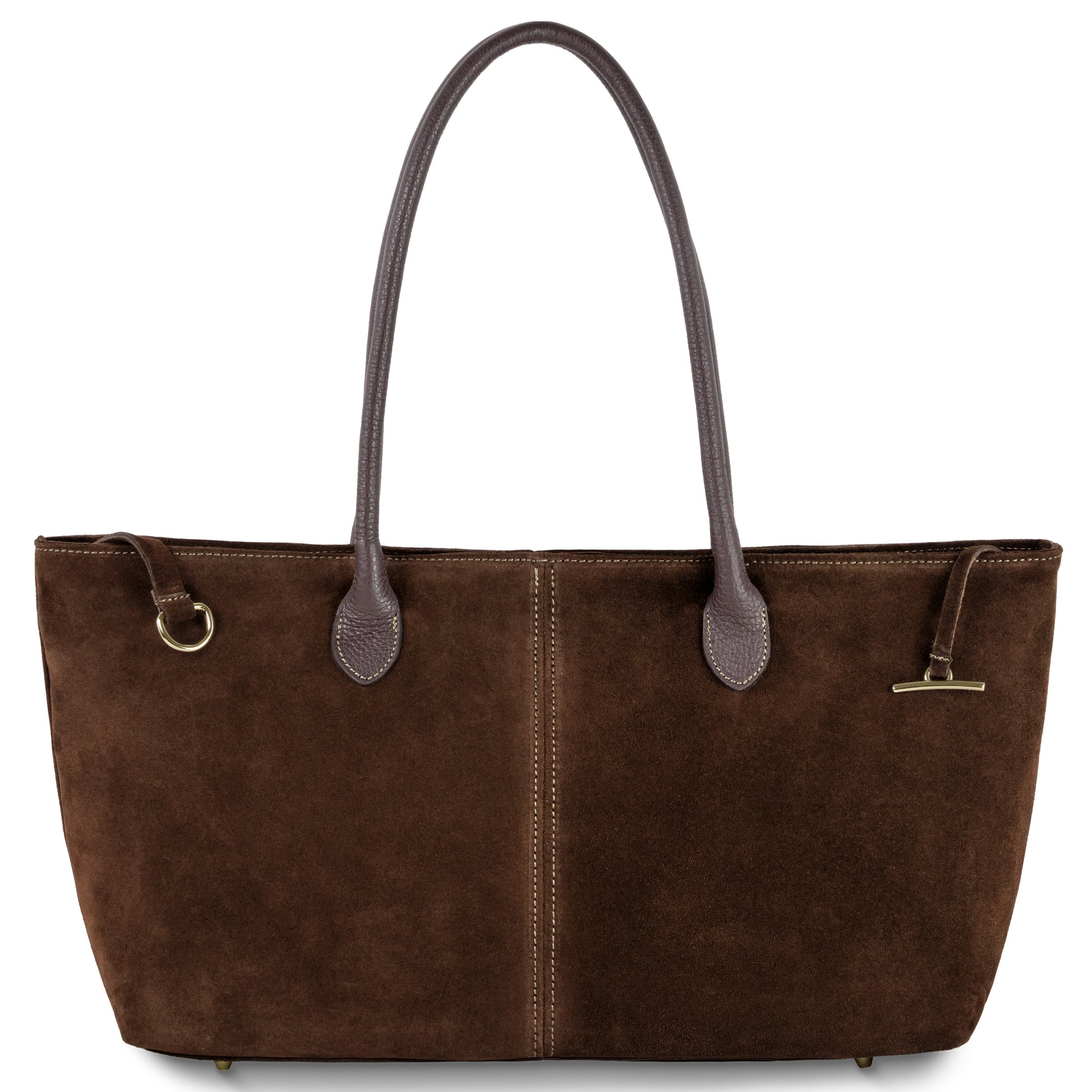 A women’s tote crafted from Italian suede, this genuine leather shoulder bag features two long dark brown handles, gold-tone hardware, and visible center stitching for a simple yet elegant design.