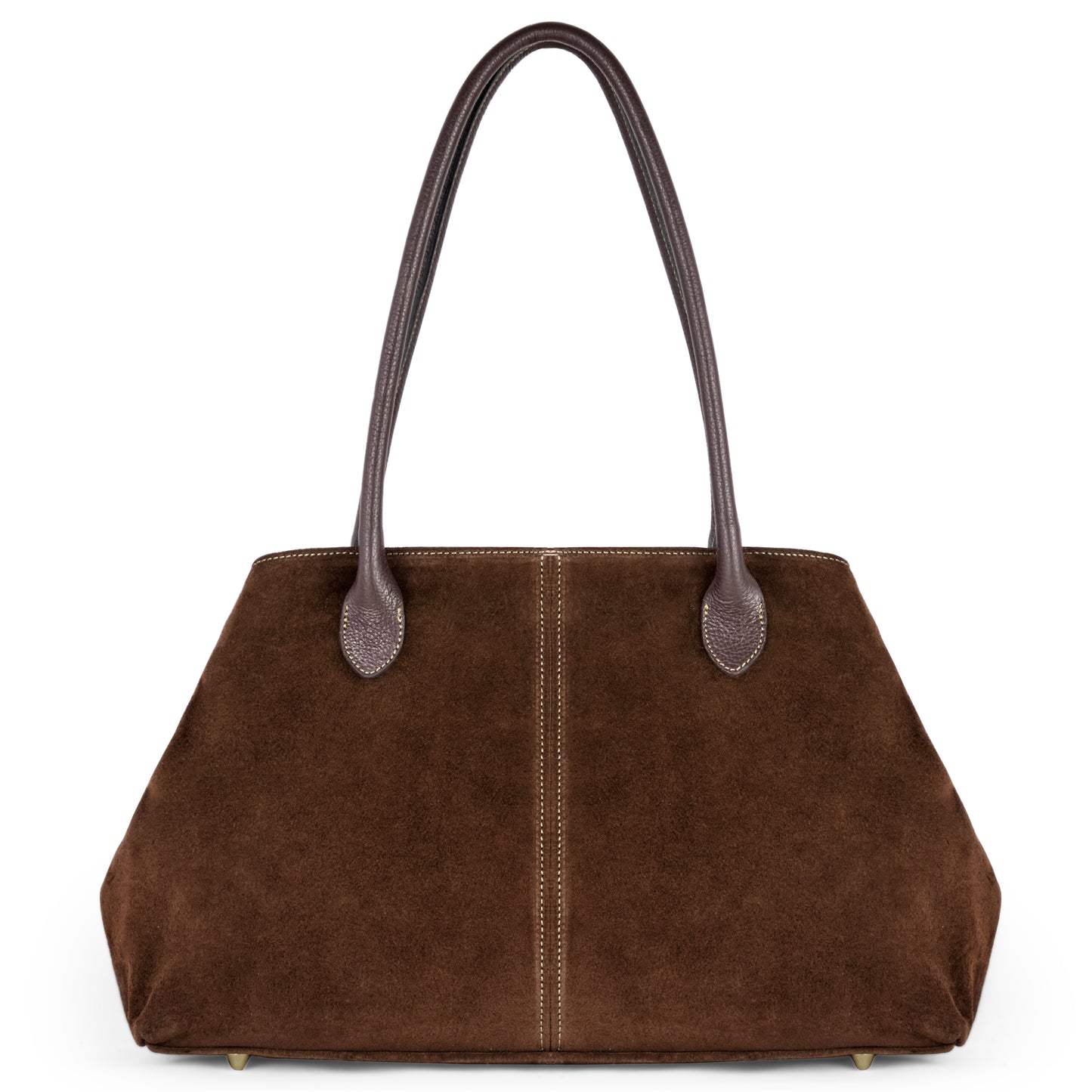 A brown Italian suede tote bag with two long dark brown leather handles, visible central stitching, and a structured base with small gold feet.