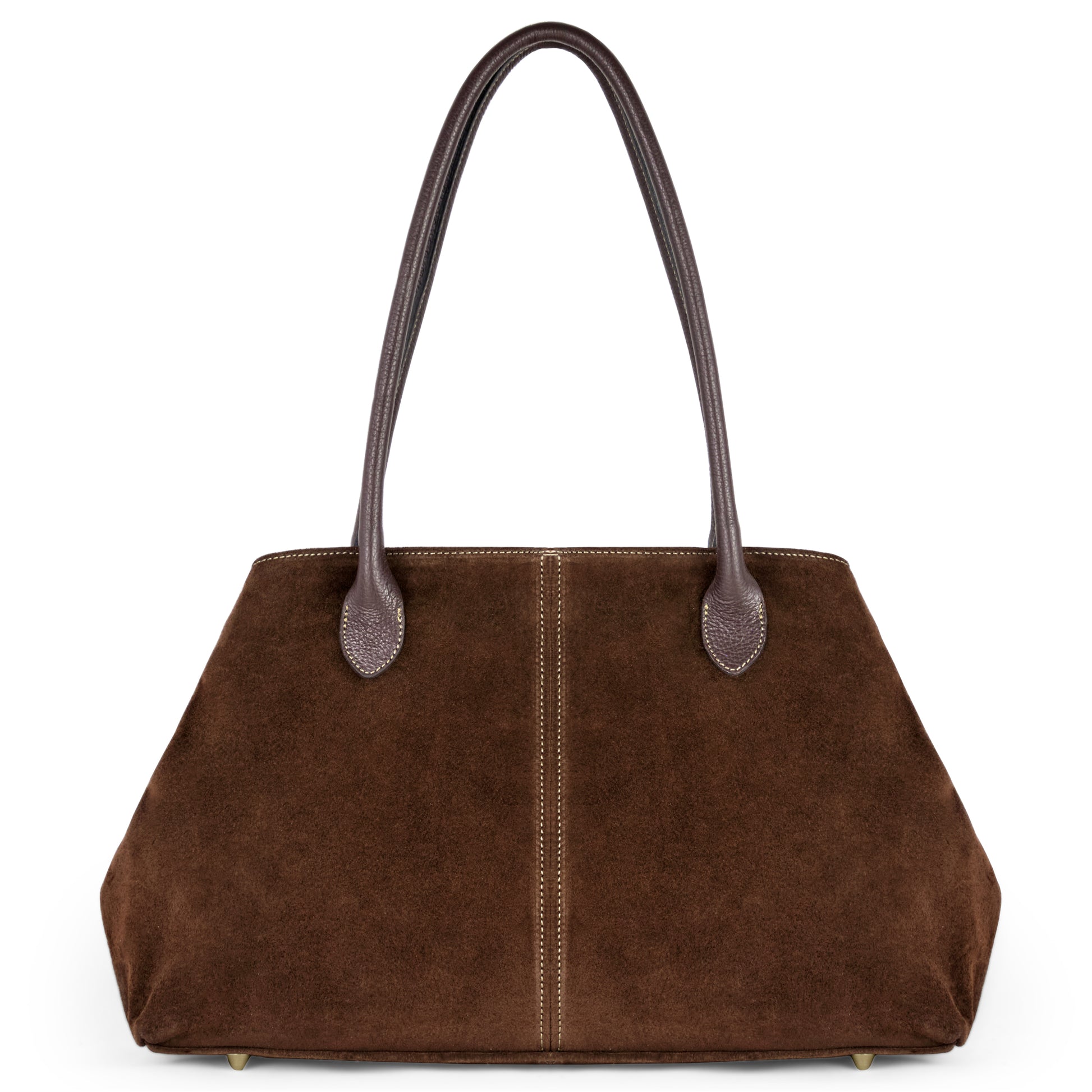 A brown Italian suede tote bag with two long dark brown leather handles, visible central stitching, and a structured base with small gold feet.