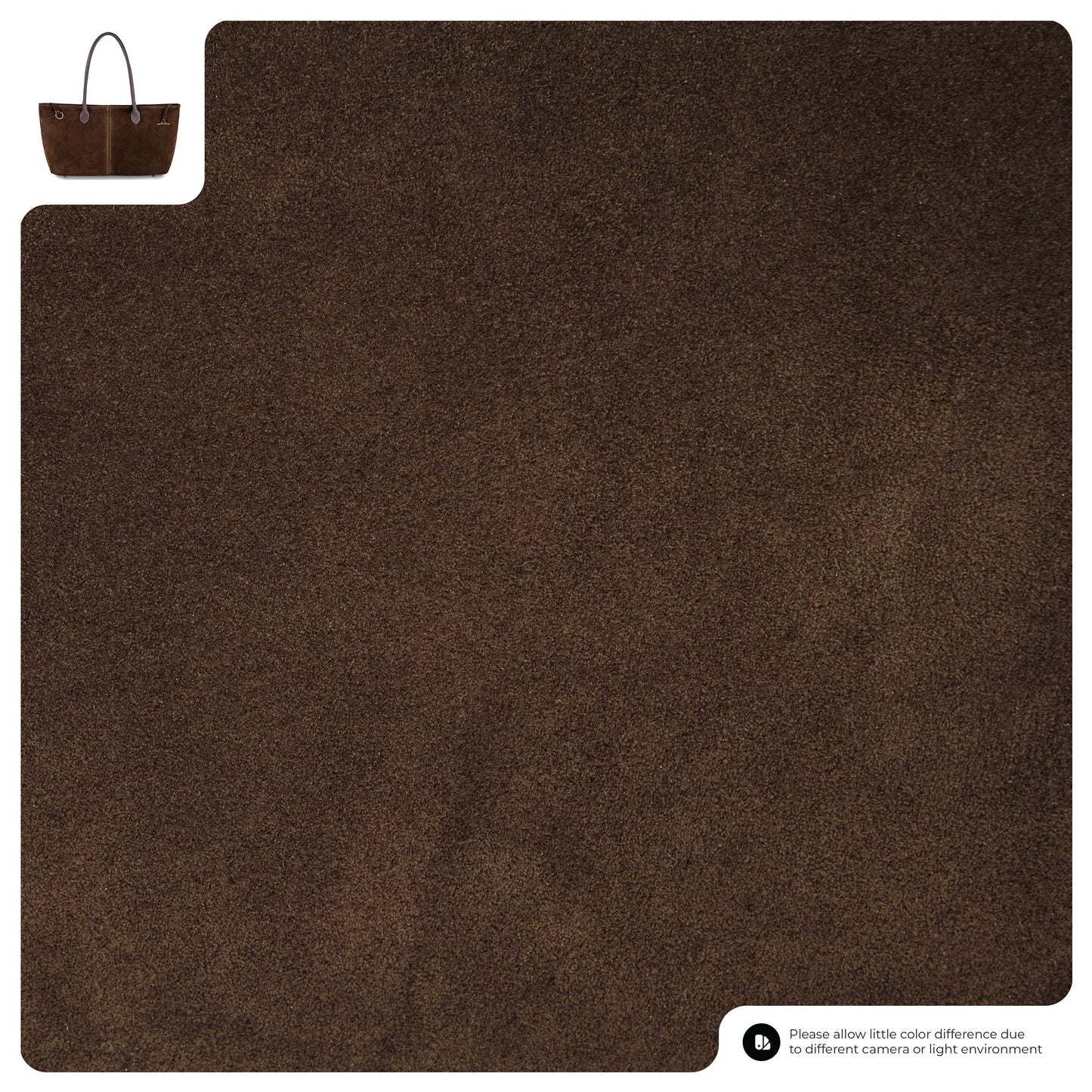 A large swatch of dark brown suede material is shown, with a small image of an Italian suede tote bag in the top left corner and a color difference disclaimer in the bottom right corner.