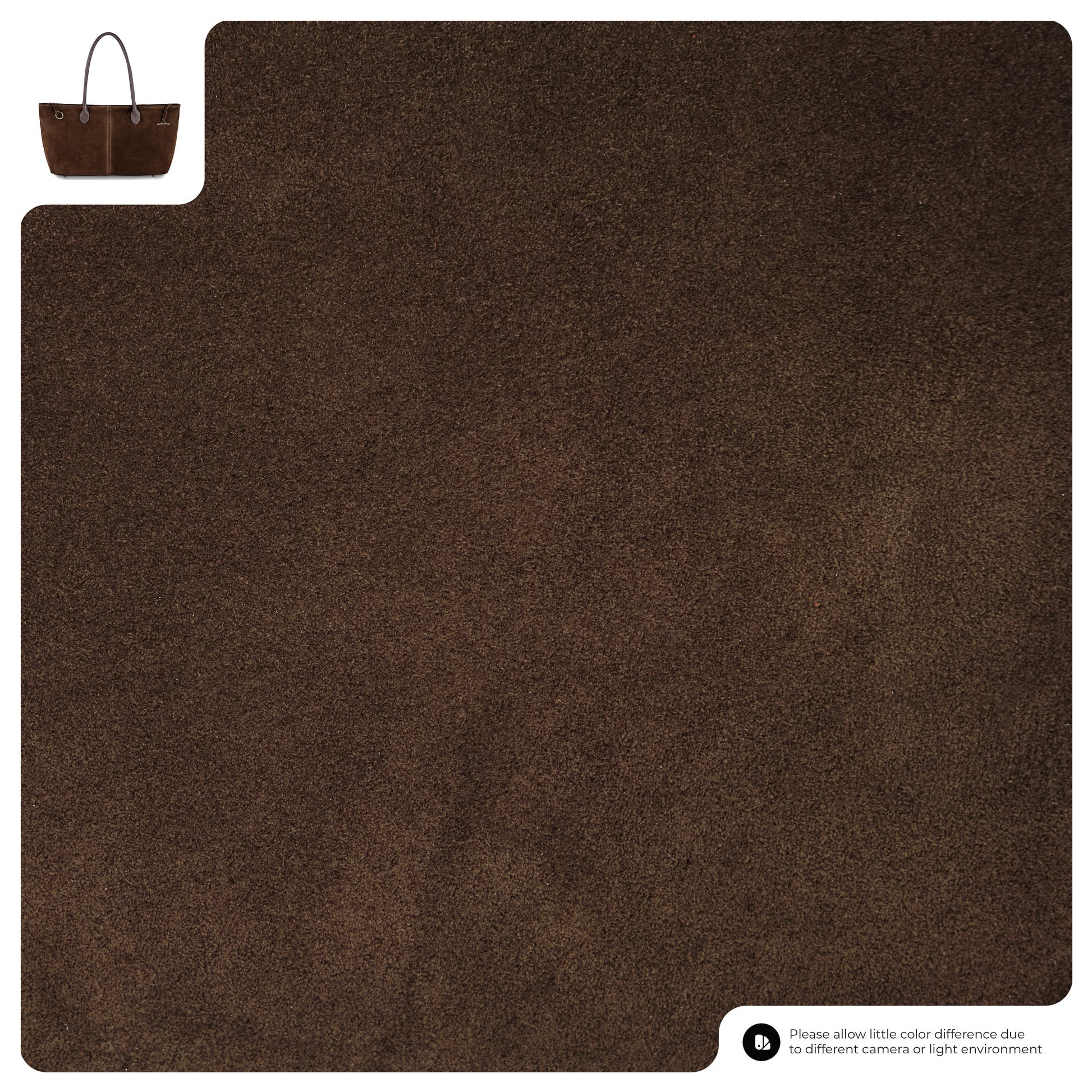 A large swatch of dark brown suede material is shown, with a small image of an Italian suede tote bag in the top left corner and a color difference disclaimer in the bottom right corner.
