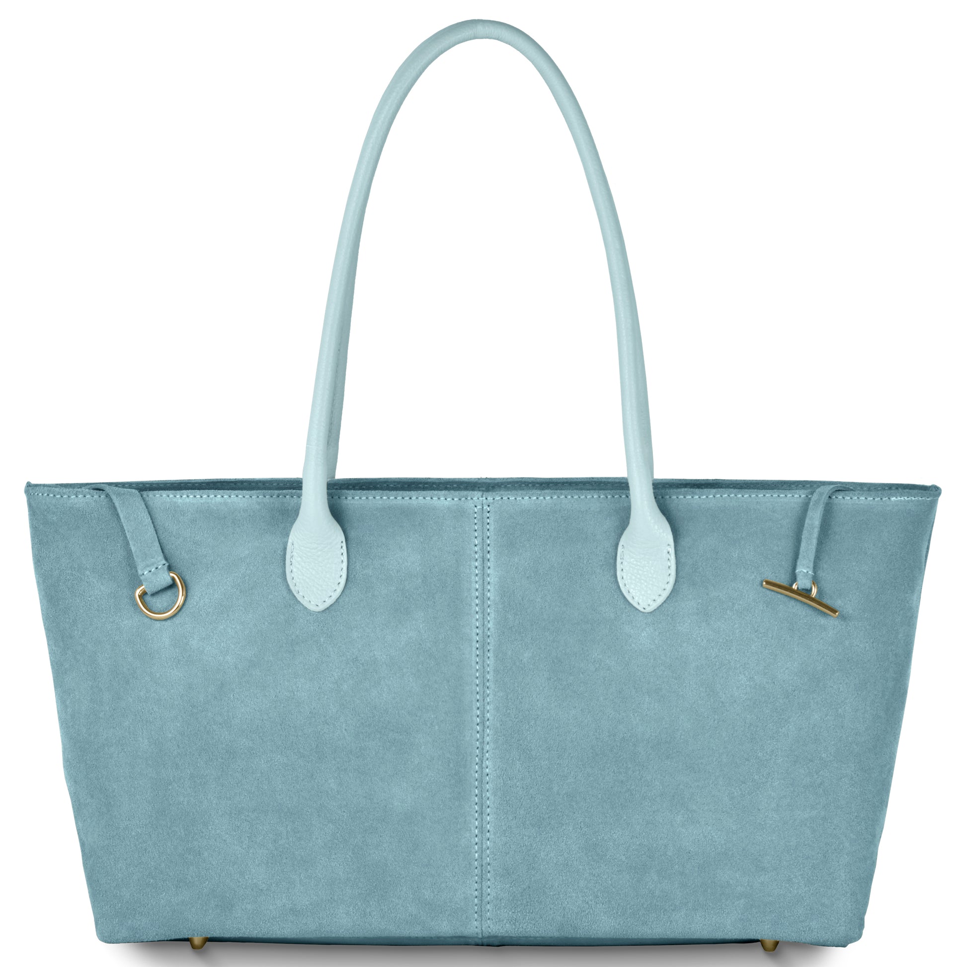 A light blue suede tote bag with two handles, gold hardware, and a simple, elegant design. Italian-crafted, it sits upright, showcasing its smooth texture and structured shape.