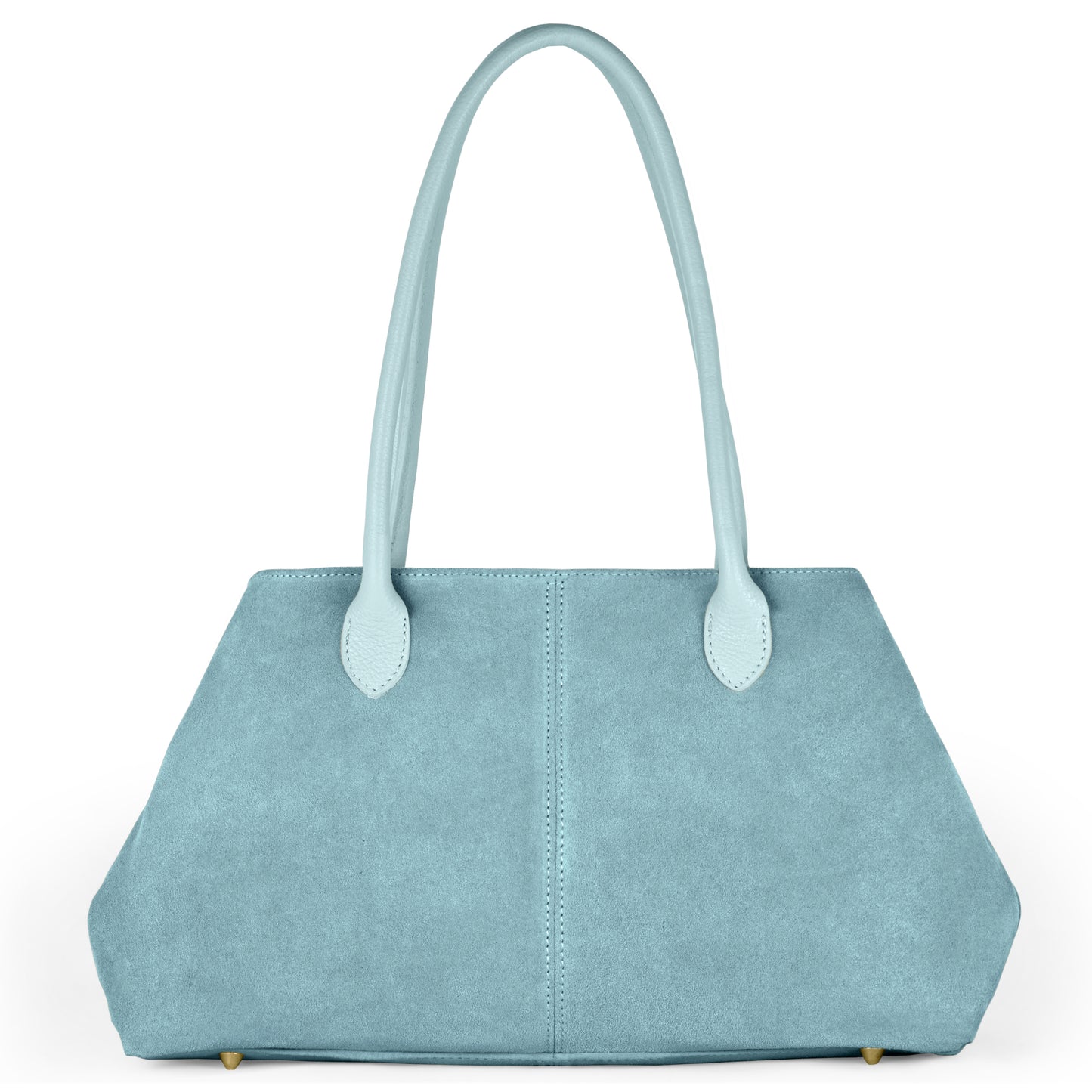 A light blue Italian-crafted tote with two long handles, subtle stitching down the center, and a structured, trapezoidal shape. This suede tote bag rests gracefully on small gold-colored feet.