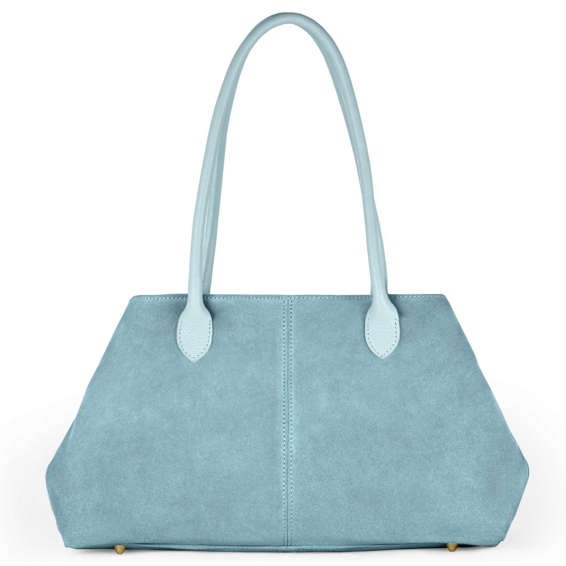 A light blue Italian-crafted tote with two long handles, subtle stitching down the center, and a structured, trapezoidal shape. This suede tote bag rests gracefully on small gold-colored feet.