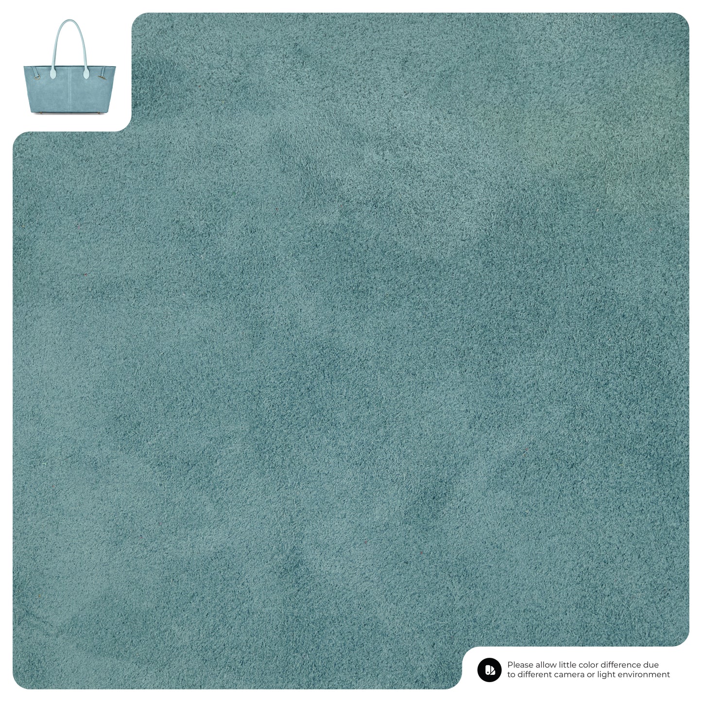 A close-up of light blue suede fabric is shown, with a small image of an Italian-crafted suede tote bag in the top left corner. Text at the bottom notes possible color differences due to lighting or camera.