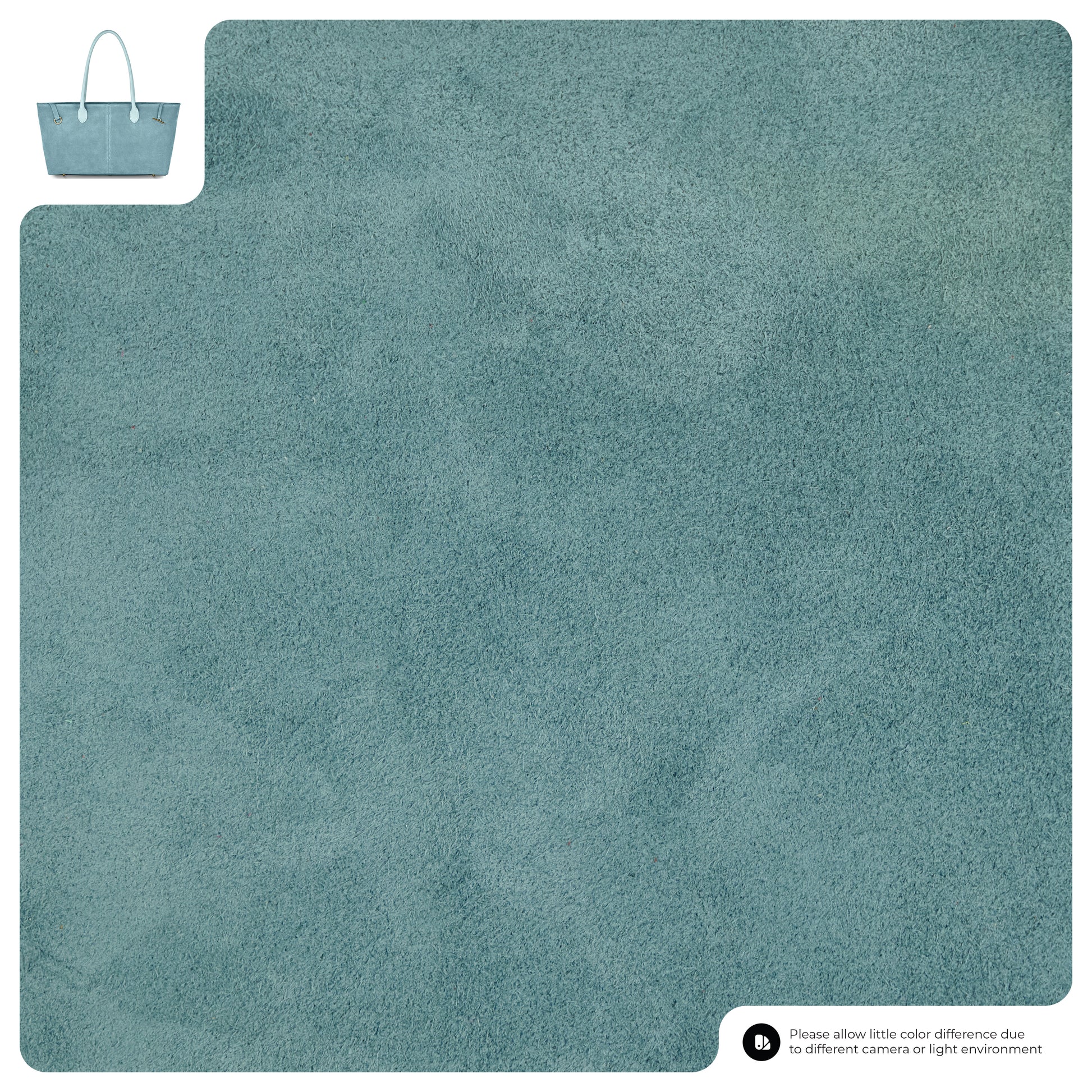 A close-up of light blue suede fabric is shown, with a small image of an Italian-crafted suede tote bag in the top left corner. Text at the bottom notes possible color differences due to lighting or camera.