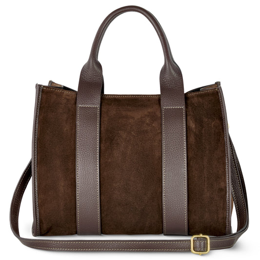 A chocolate suede bag with dark brown leather handles, vertical accents, and a matching adjustable strap with a gold buckle—an elegant handmade Italian accessory for any occasion.