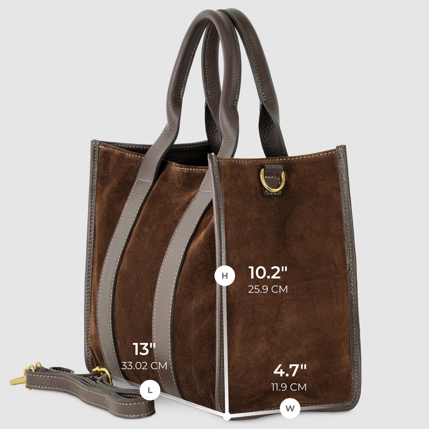 A brown and gray suede bag with two handles, a detachable shoulder strap for crossbody wear, and gold hardware. Dimensions: 13 long, 10.2 high, and 4.7 wide—a stylish crossbody leather bag for any occasion.