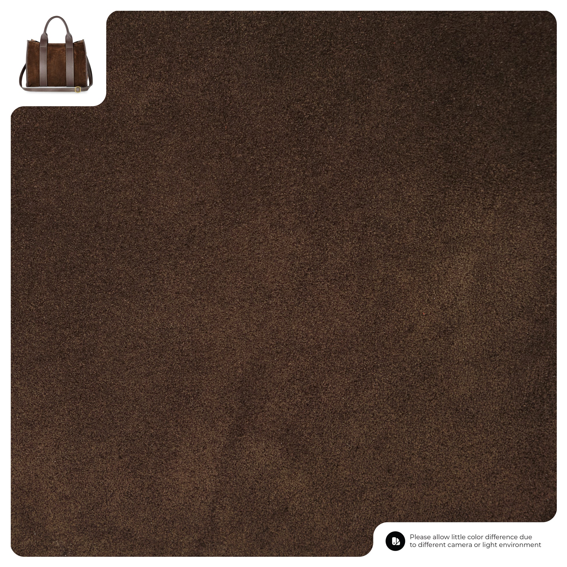 A large swatch of dark brown suede leather fills most of the image. In the top left corner, a small handmade Italian bag is shown as an example product. A note at the bottom mentions possible color differences.
