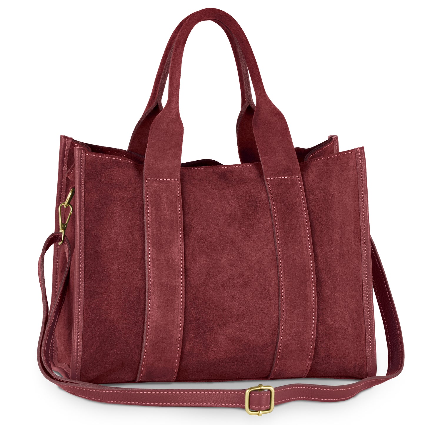 A spacious, rectangular handmade bag in burgundy suede with two short handles, a long adjustable shoulder strap, visible stitching, and gold-tone hardware.