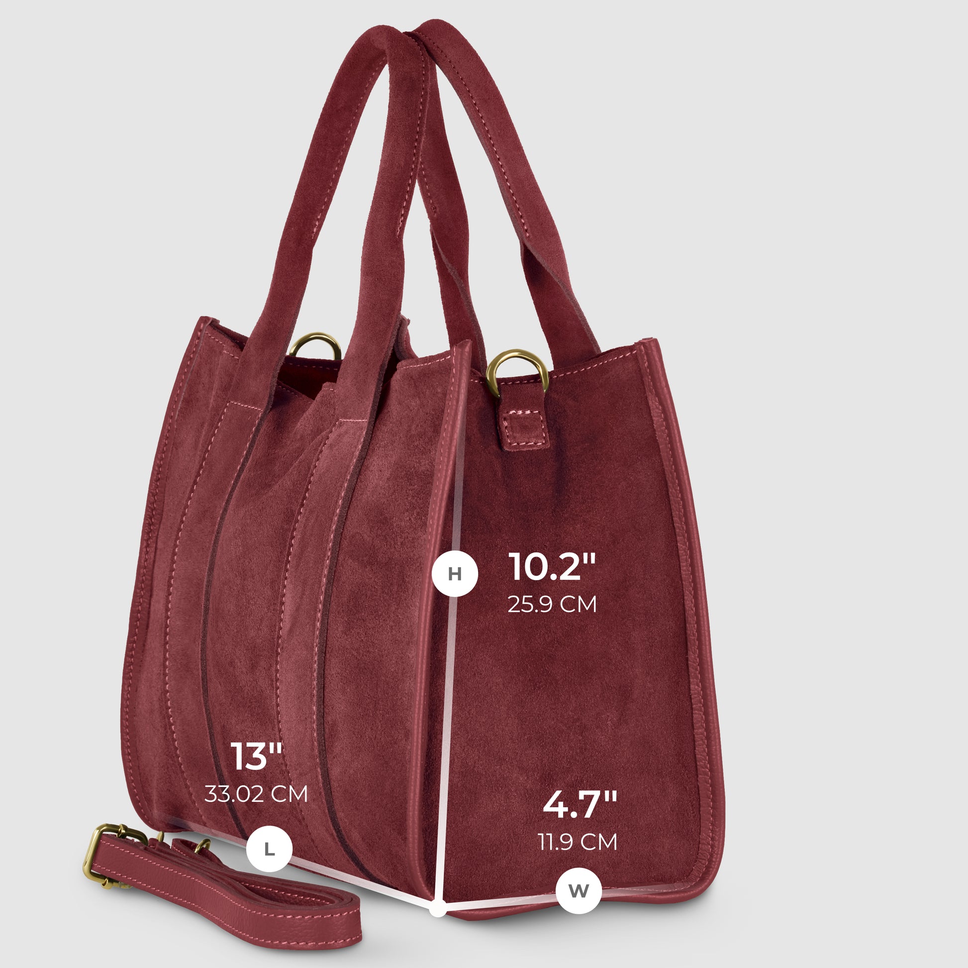 A side view of a red crossbody suede handbag with two handles, gold hardware, and a detachable strap. Bag dimensions are labeled: 13 long, 10.2 high, and 4.7 wide (33.02 cm x 25.9 cm x 11.9 cm).
