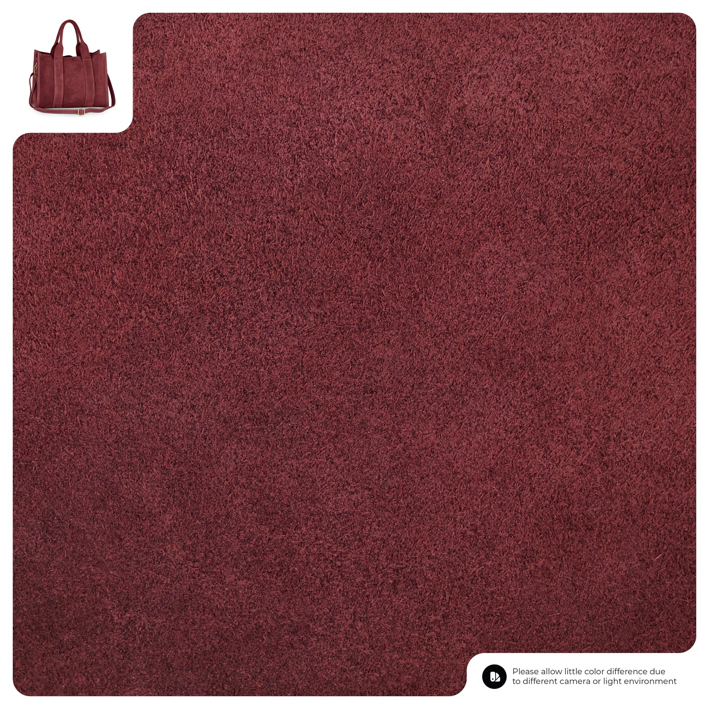 A large, square, burgundy carpet with a plush texture is displayed. In the top left corner, a matching burgundy suede bag is shown for color reference. A note at the bottom mentions potential color variations.