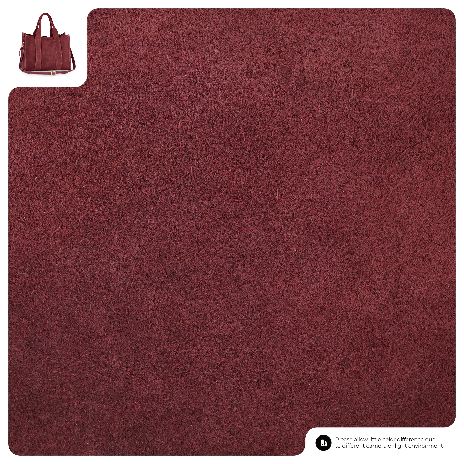 A large, square, burgundy carpet with a plush texture is displayed. In the top left corner, a matching burgundy suede bag is shown for color reference. A note at the bottom mentions potential color variations.
