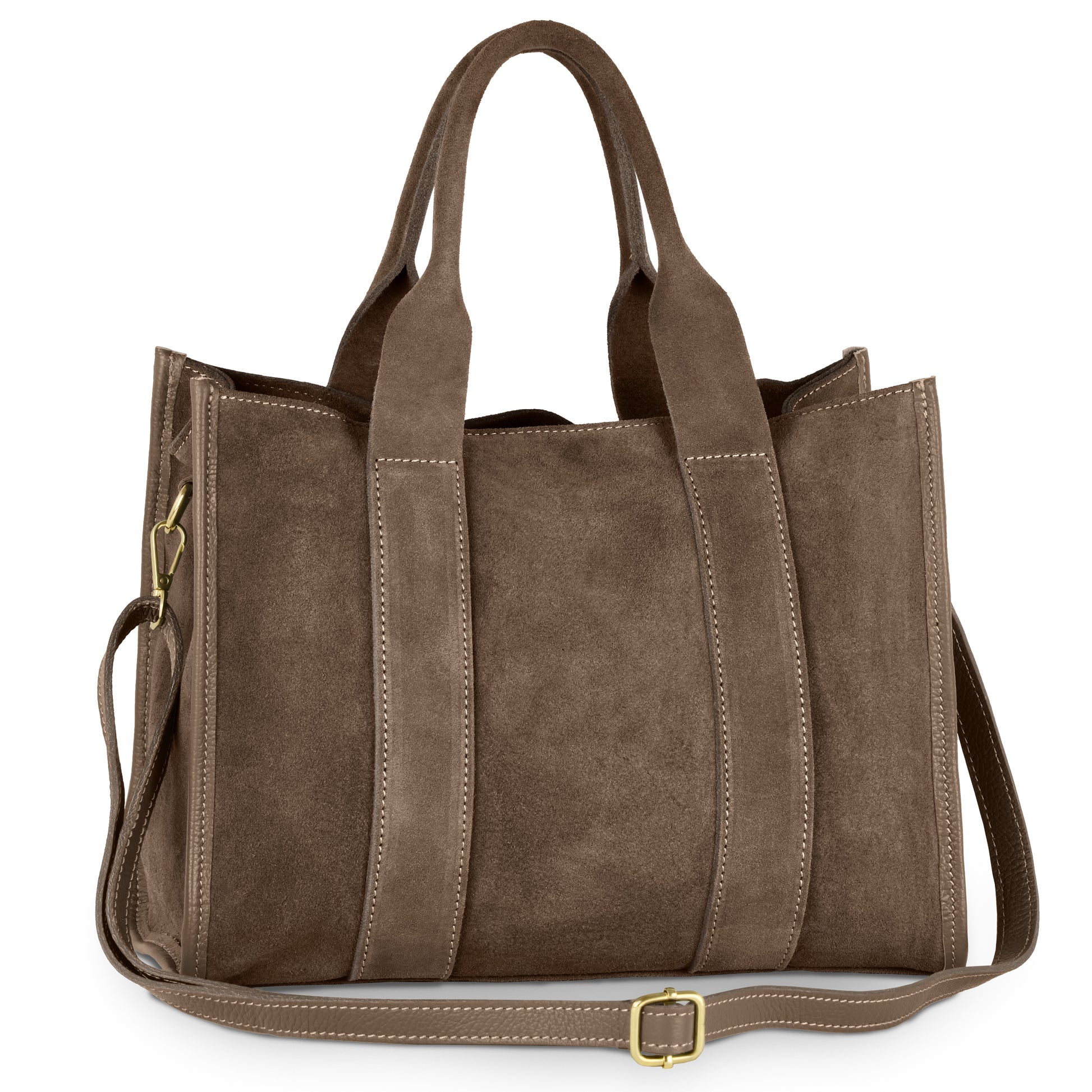A handmade Tobacco Suede Italian bag with two short handles, a long adjustable shoulder strap, visible stitching, and gold-tone hardware, shown on a white background.