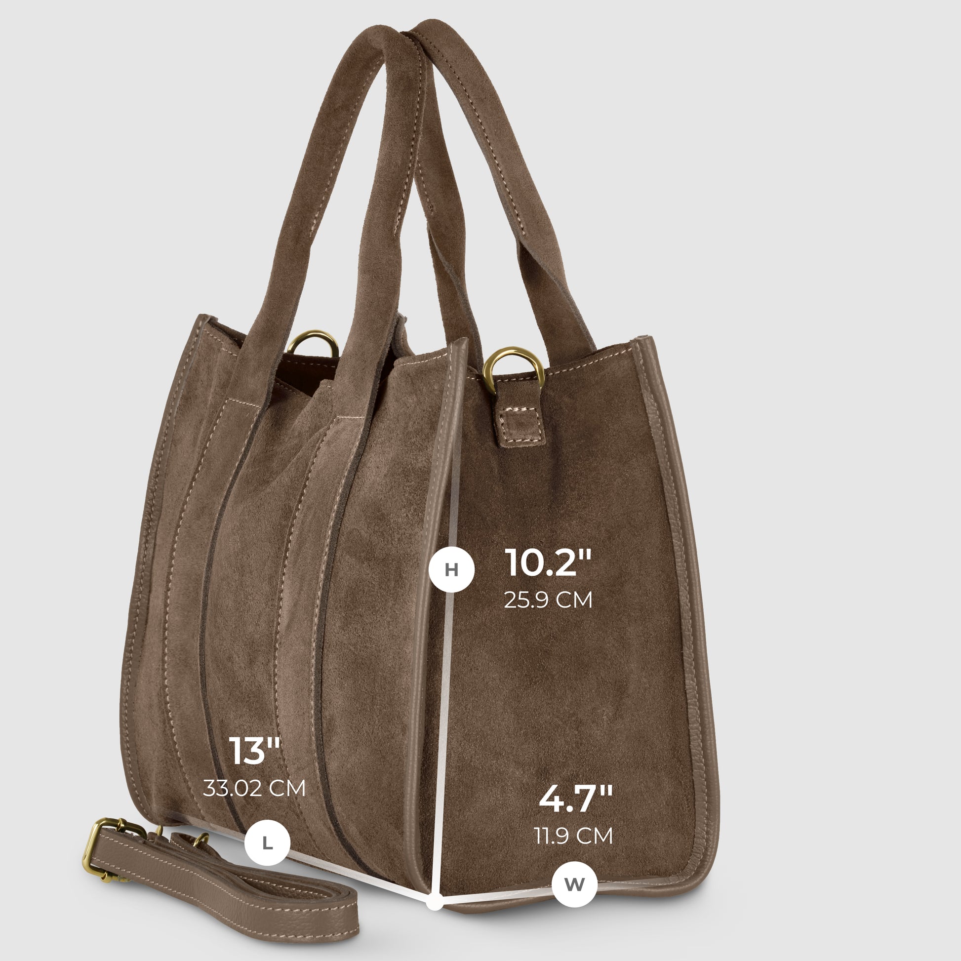 A brown suede bag with double handles and a detachable strap is shown, highlighting Italian craftsmanship. Dimensions are labeled: height 10.2" (25.9 cm), length 13" (33.02 cm), and width 4.7" (11.9 cm).