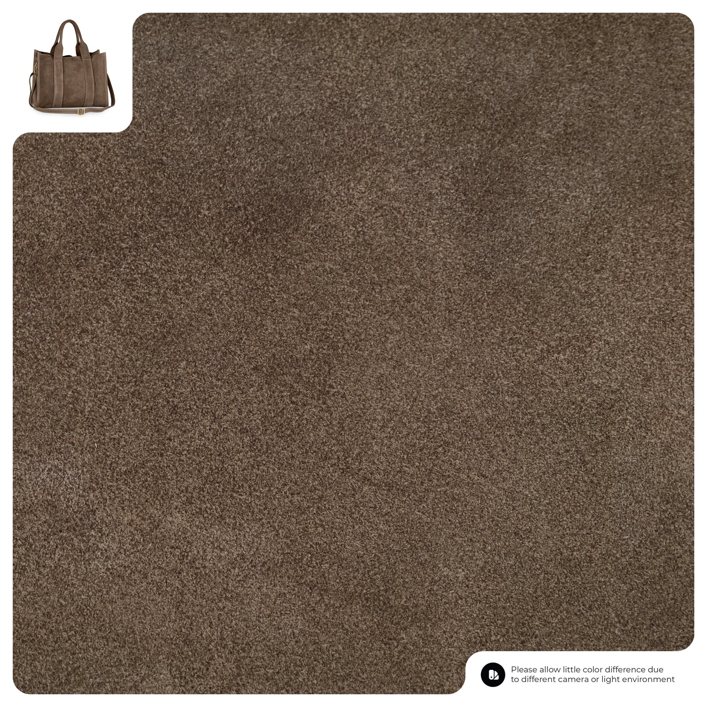 A close-up view of a brown textured carpet, with a small handmade suede bag in the top left corner for scale. A note in the bottom right mentions possible color differences due to lighting or camera settings.