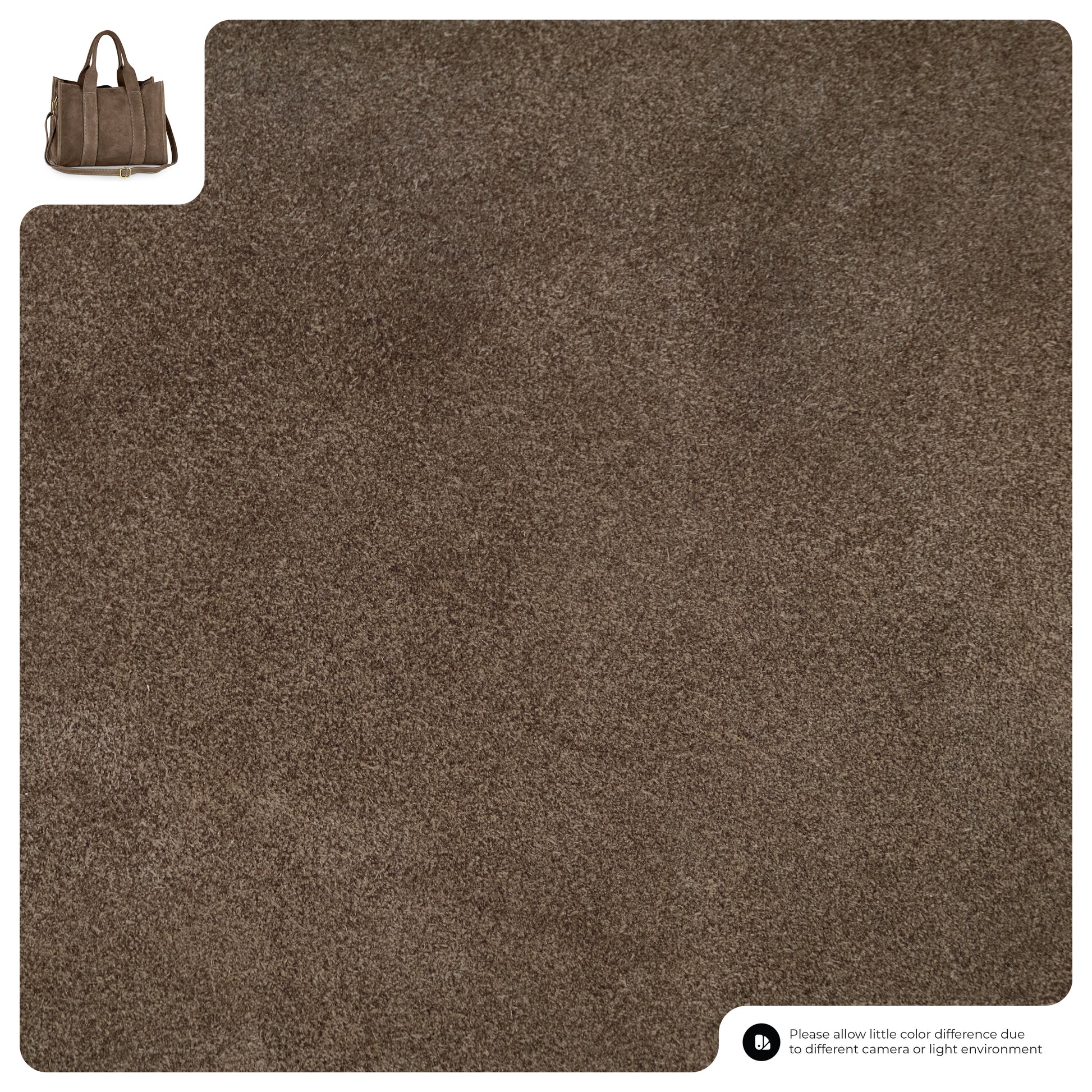 A close-up view of a brown textured carpet, with a small handmade suede bag in the top left corner for scale. A note in the bottom right mentions possible color differences due to lighting or camera settings.