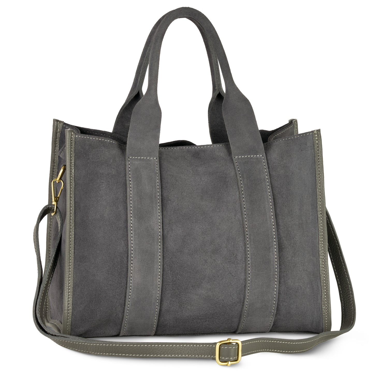 A pewter suede tote bag with two short handles and a detachable leather crossbody strap, gold hardware, and visible stitching. This handmade Italian bag features a structured silhouette and minimalistic design.